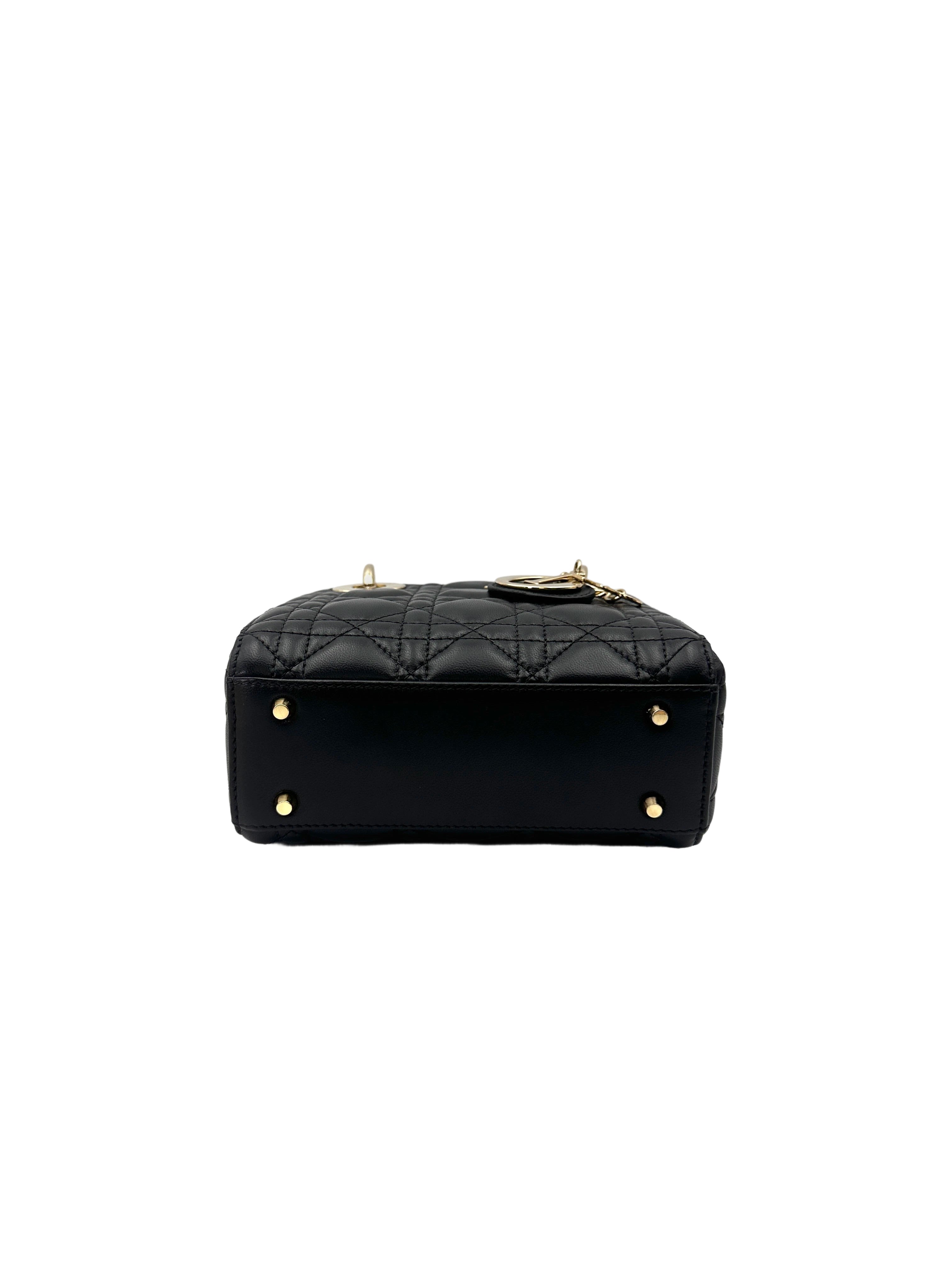 Christian Dior Lady Dior Black Cannage Leather Handle Bag With Silver Charms DR760