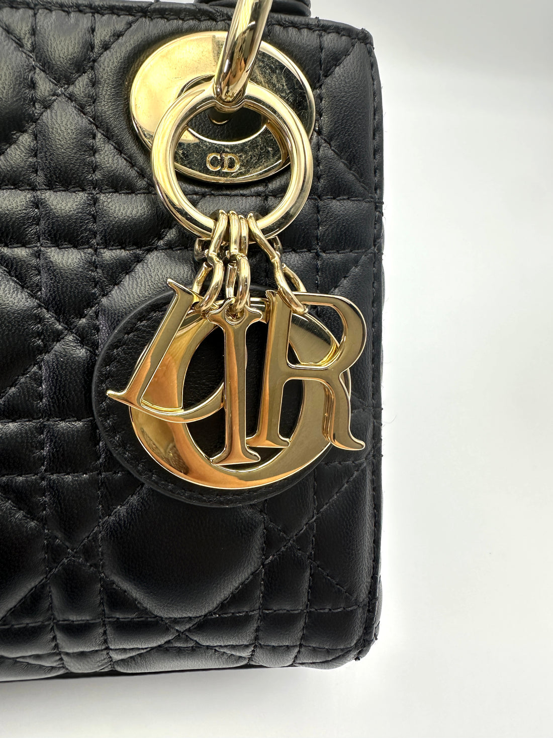 Christian Dior Lady Dior Black Cannage Leather Handle Bag With Silver Charms DR760