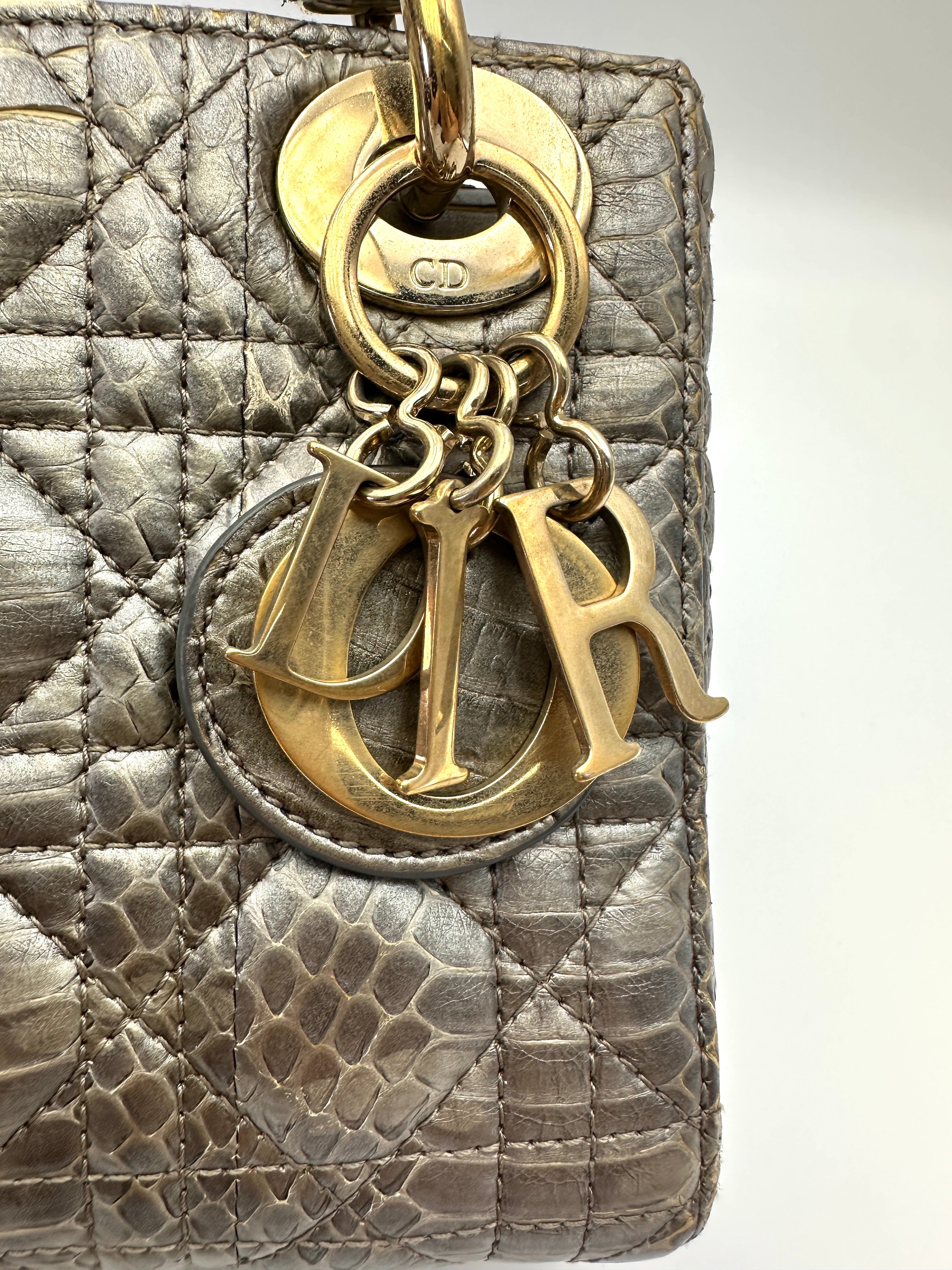 Christian Dior Lady Dior Grey Python Leather Handle Bag DR761