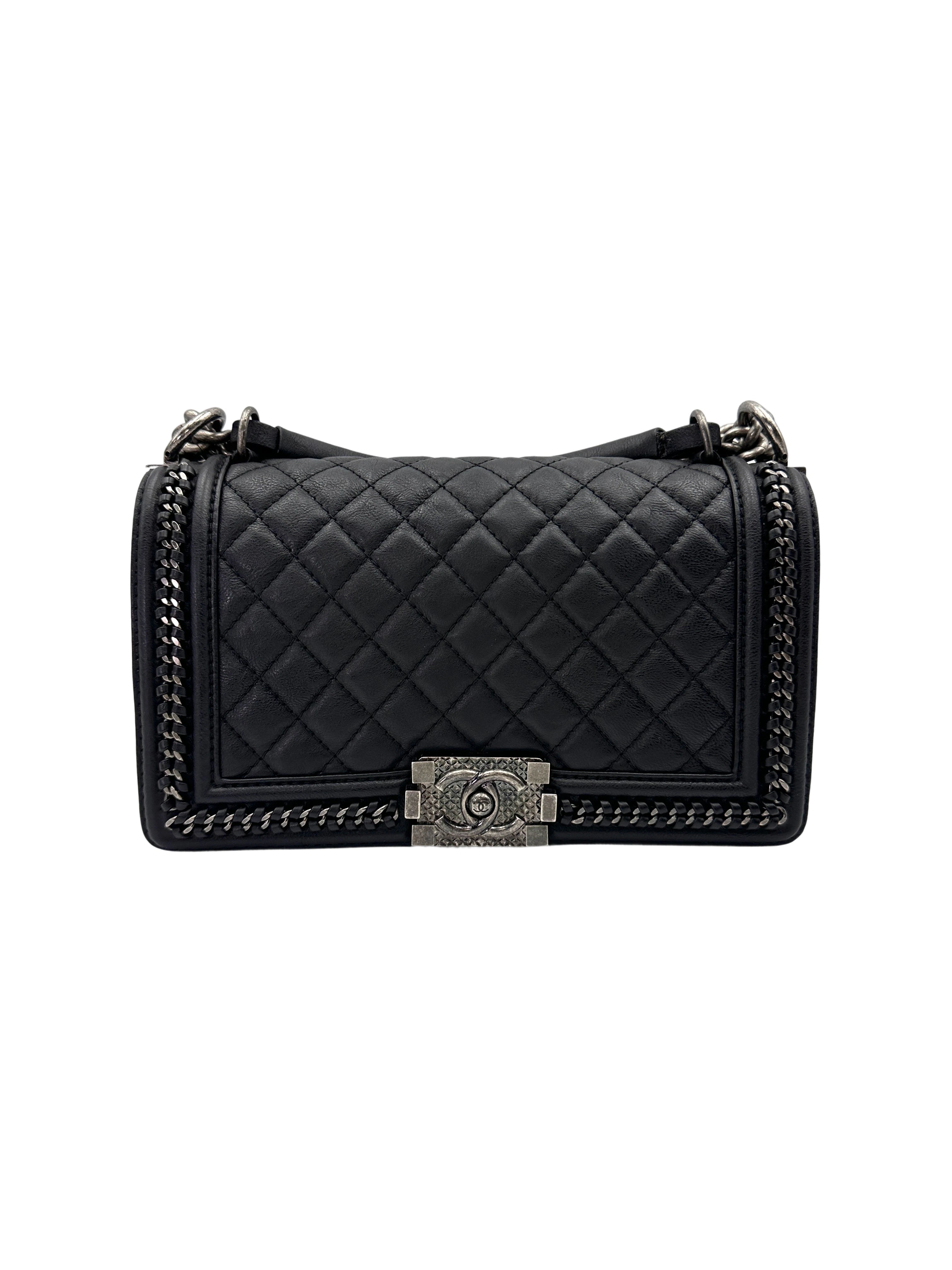 Chanel LeBoy Black Quilted Leather Medium Size Top Handle Flap Bag With Silver Buckle(23***30) CC2060