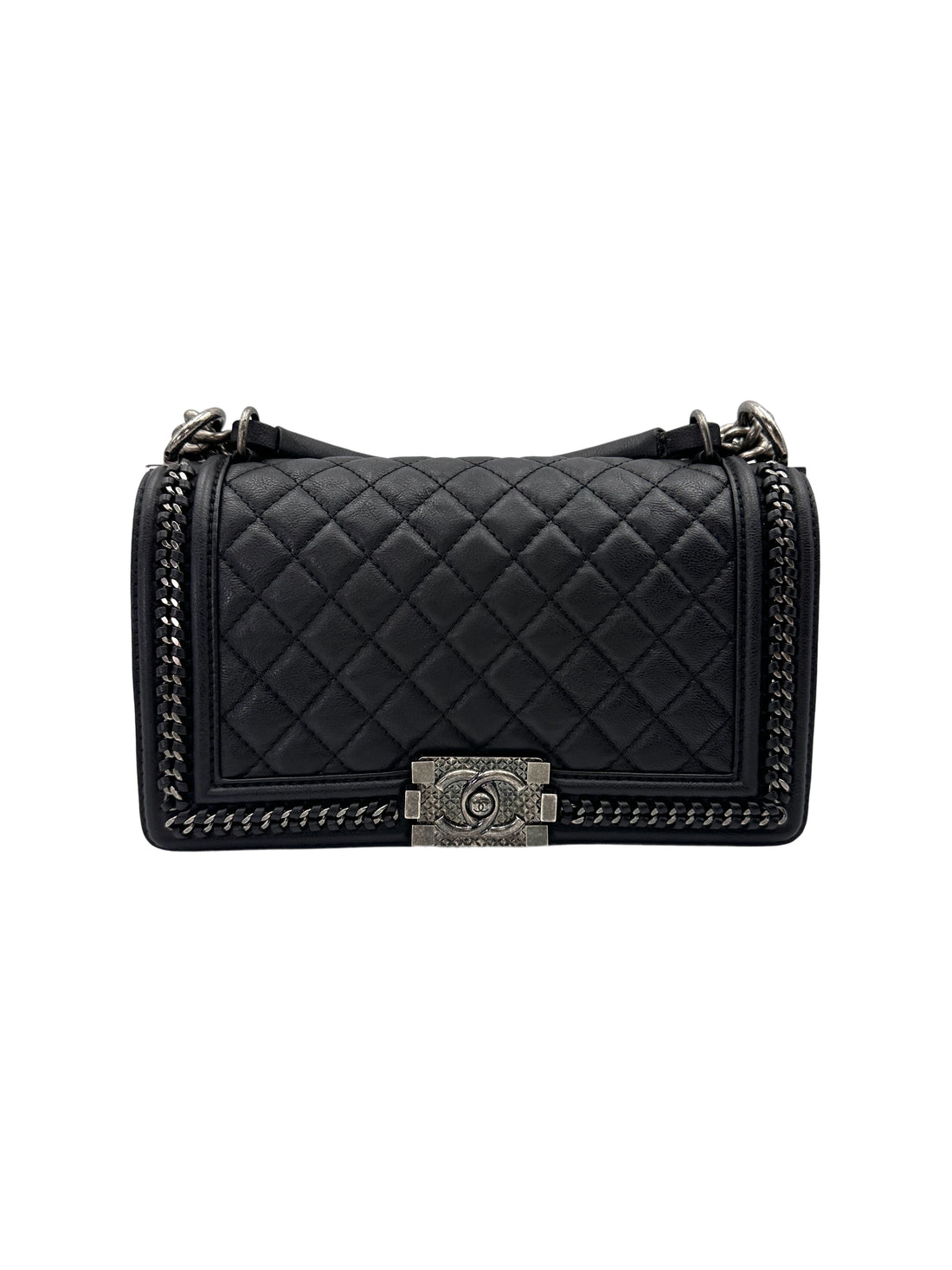 Chanel LeBoy Black Quilted Leather Medium Size Top Handle Flap Bag With Silver Buckle(23***30) CC2060