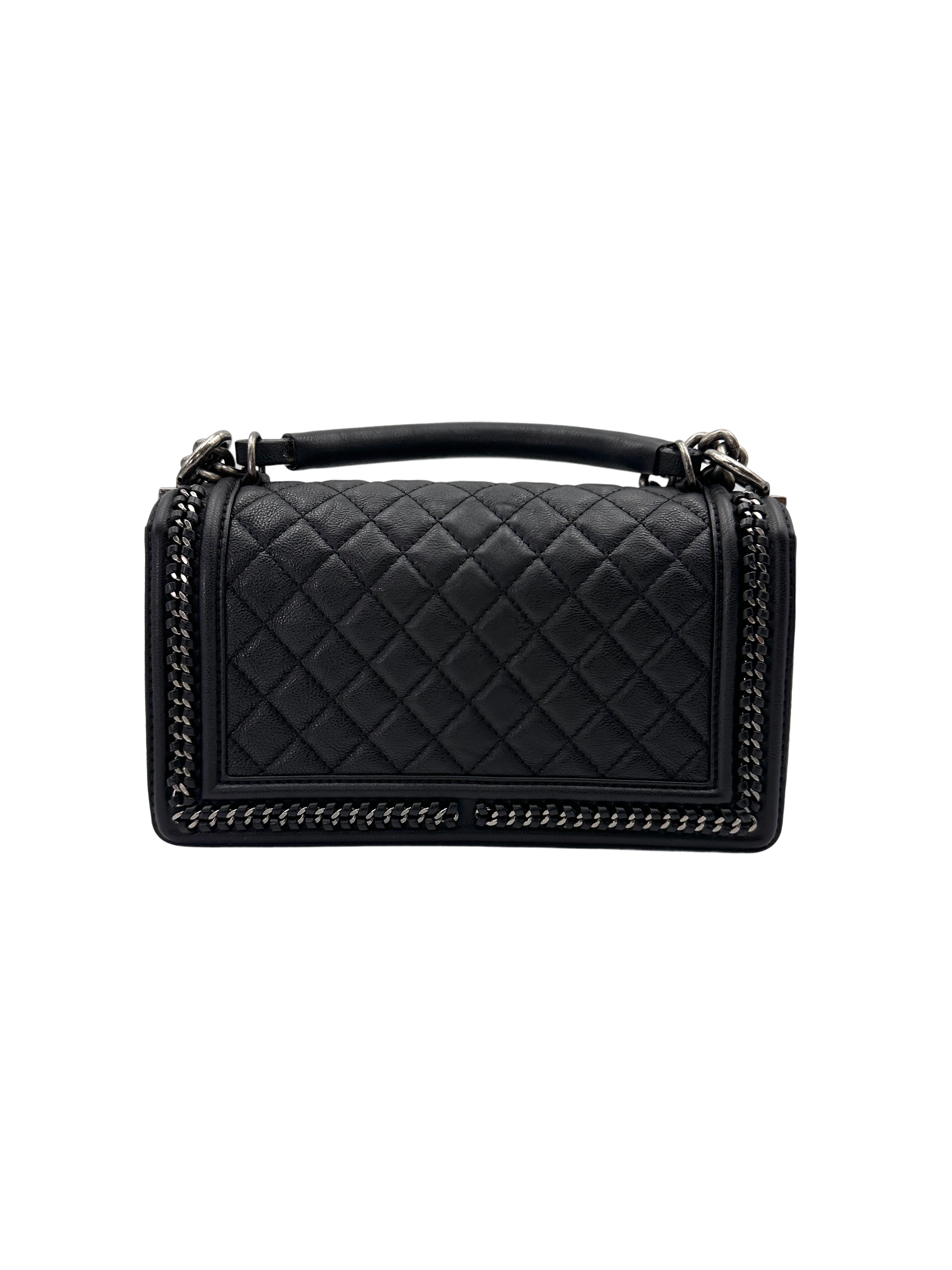 Chanel LeBoy Black Quilted Leather Medium Size Top Handle Flap Bag With Silver Buckle(23***30) CC2060