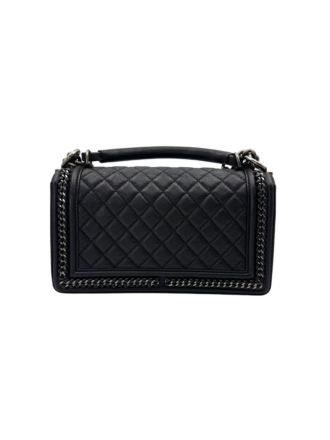 Chanel LeBoy Black Quilted Leather Medium Size Top Handle Flap Bag With Silver Buckle(23***30) CC2060