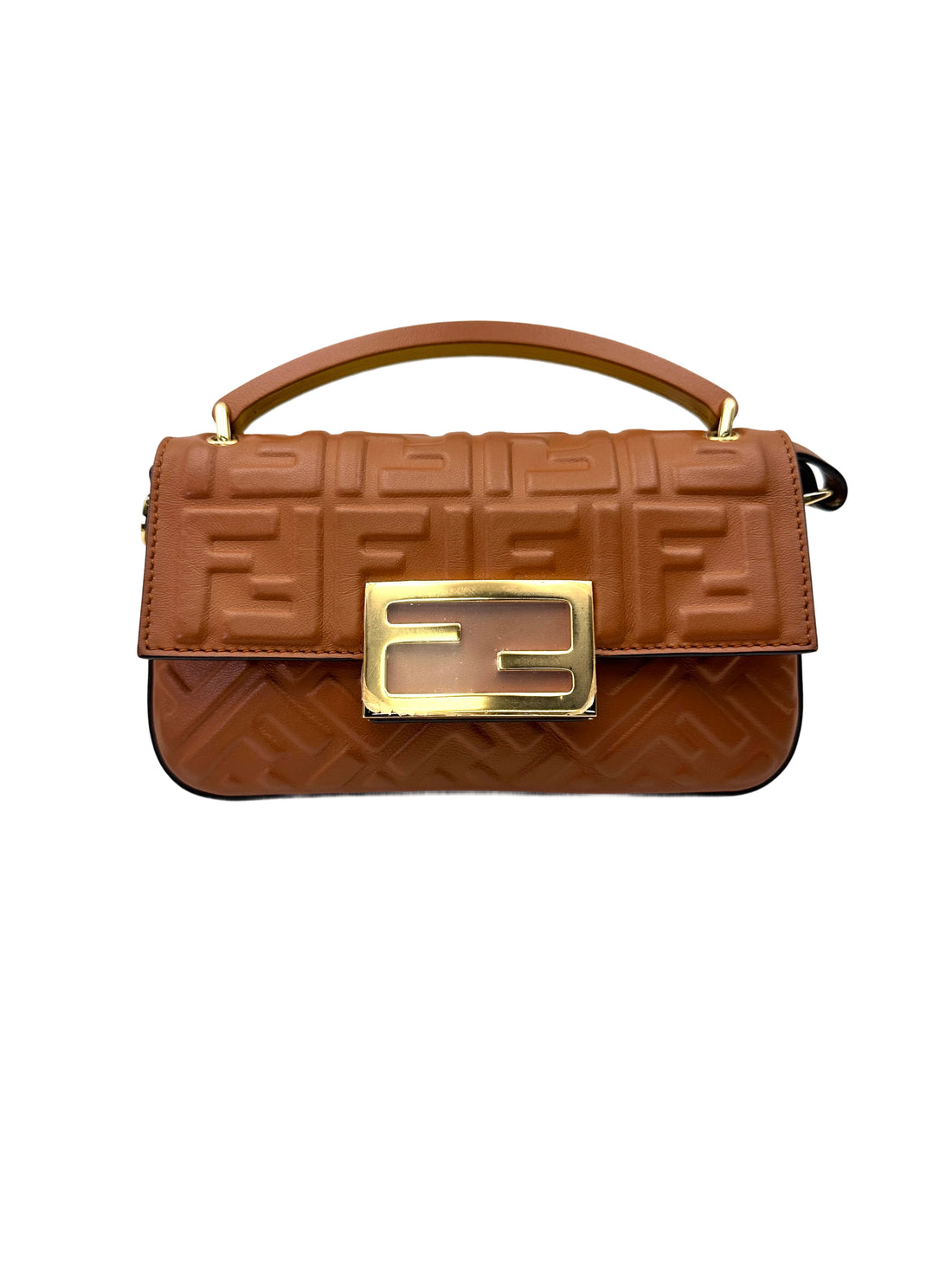 Fendi Baguette Brown Embossed FF Nappa Leather Shoulder Bag FF113