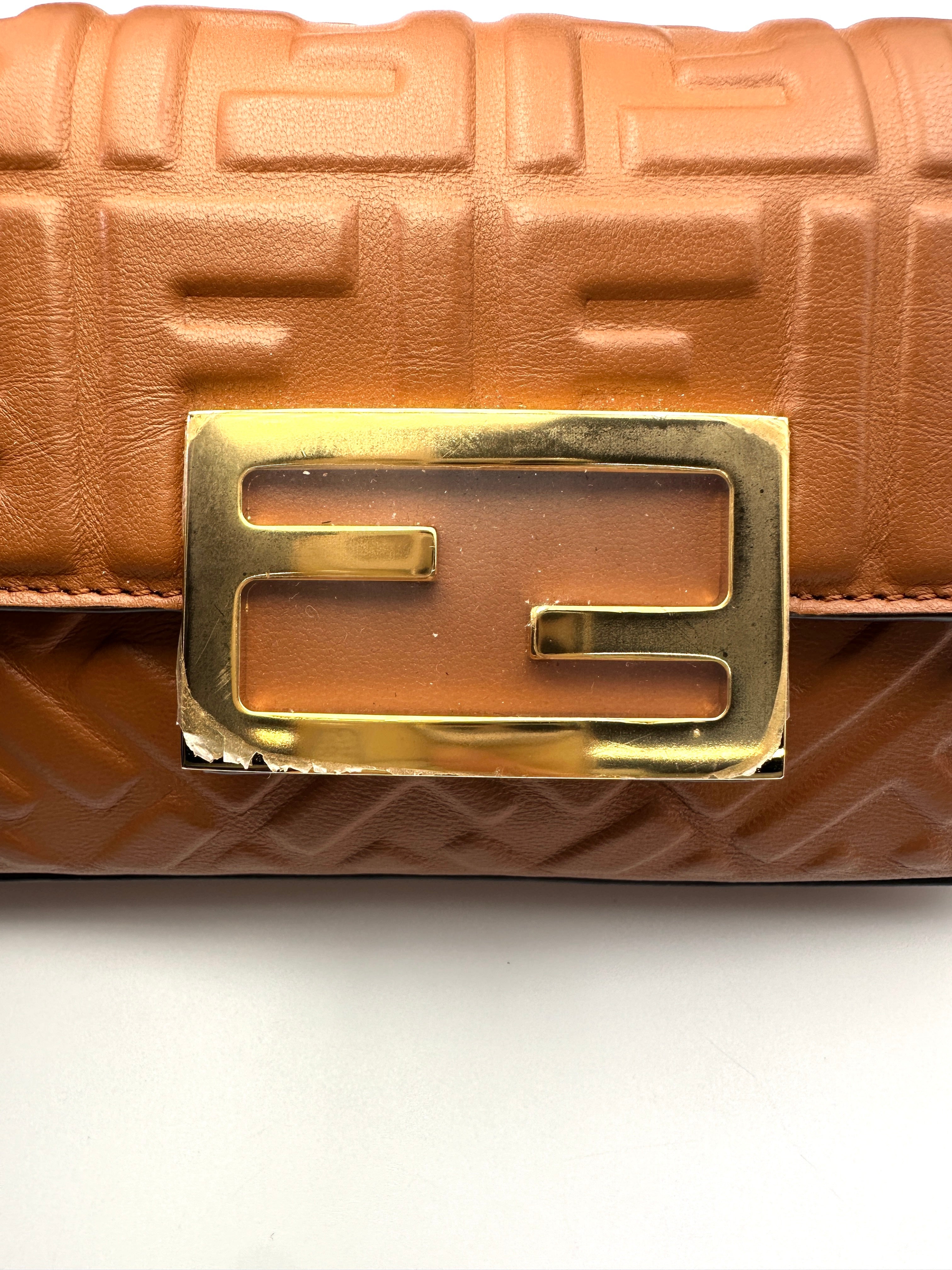 Fendi Baguette Brown Embossed FF Nappa Leather Shoulder Bag FF113
