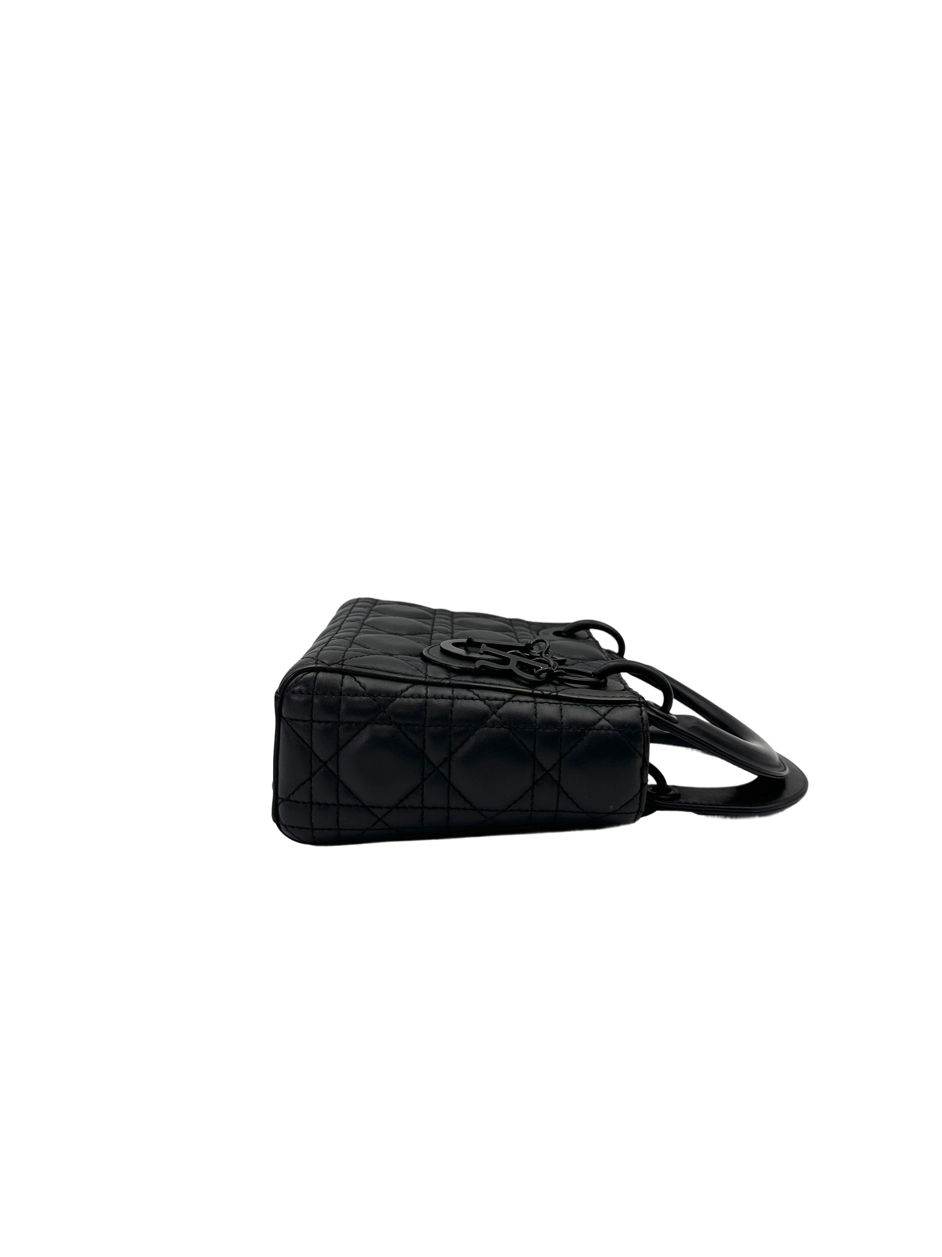 Christian Dior Lady Dior So Black Ultramatte Cannage Leather Handle Bag With Black Charms DR762