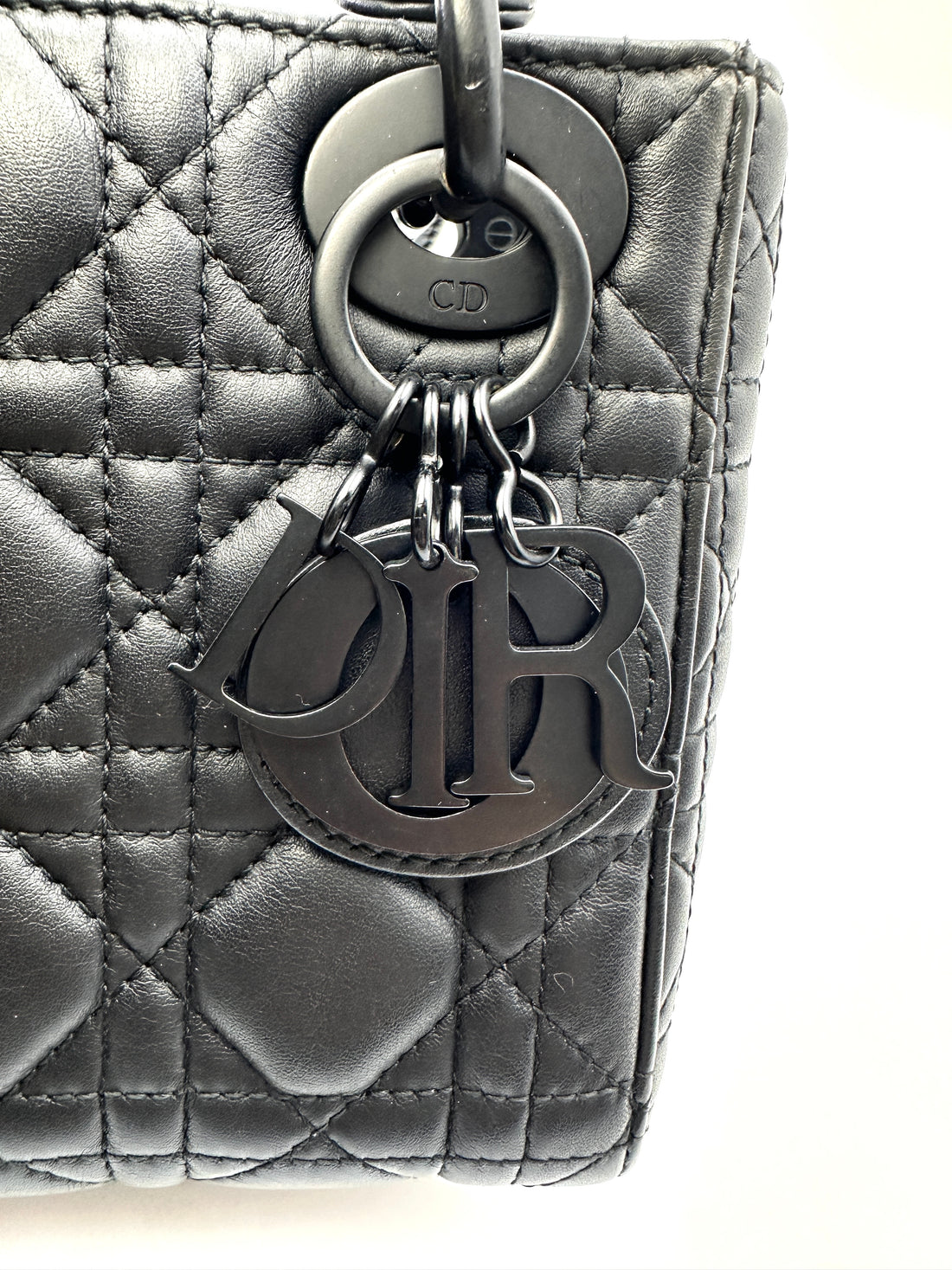 Christian Dior Lady Dior So Black Ultramatte Cannage Leather Handle Bag With Black Charms DR762