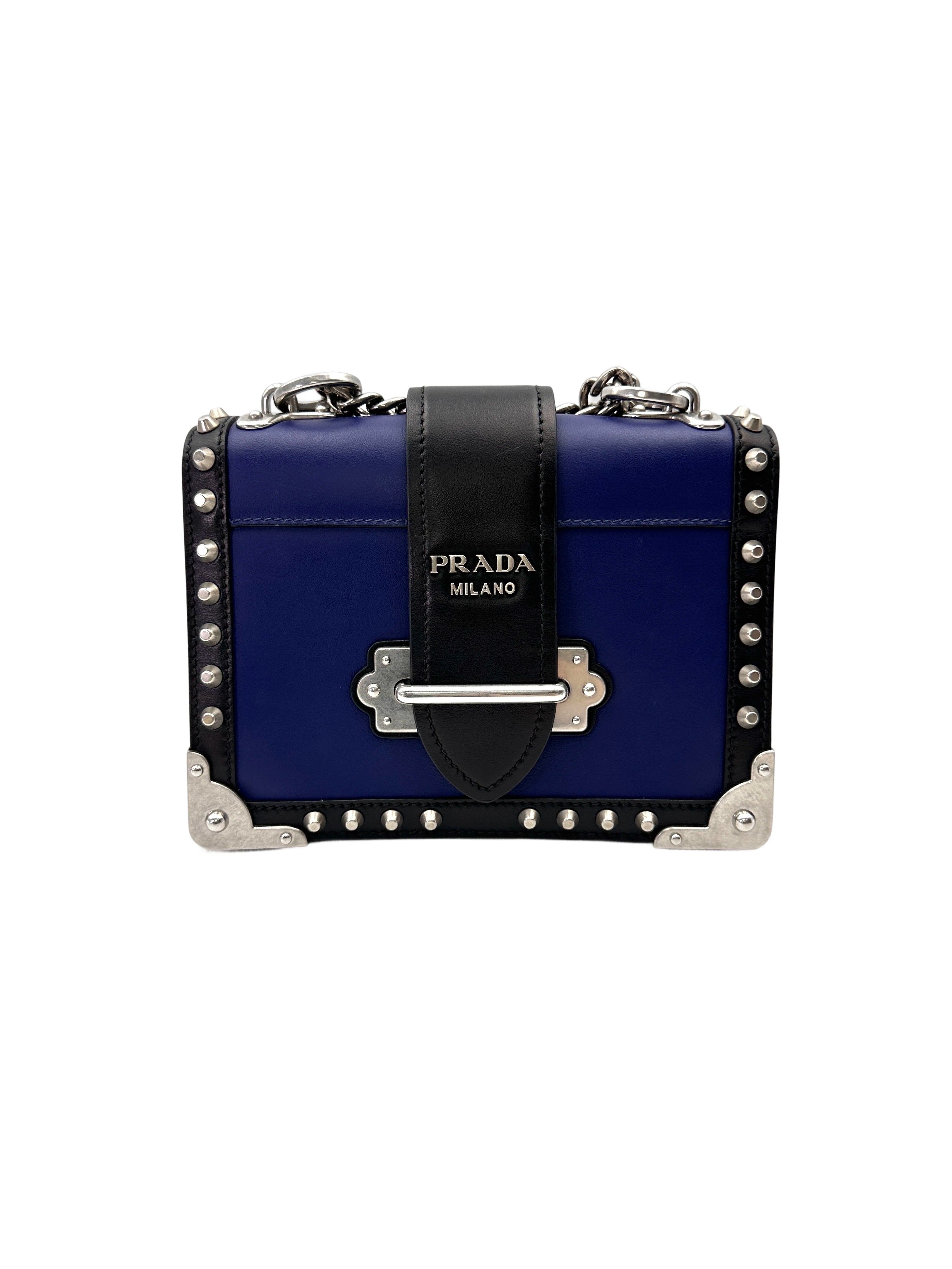 Prada Cahier Black/Blue Studded Leather Shoulder Bag PR486