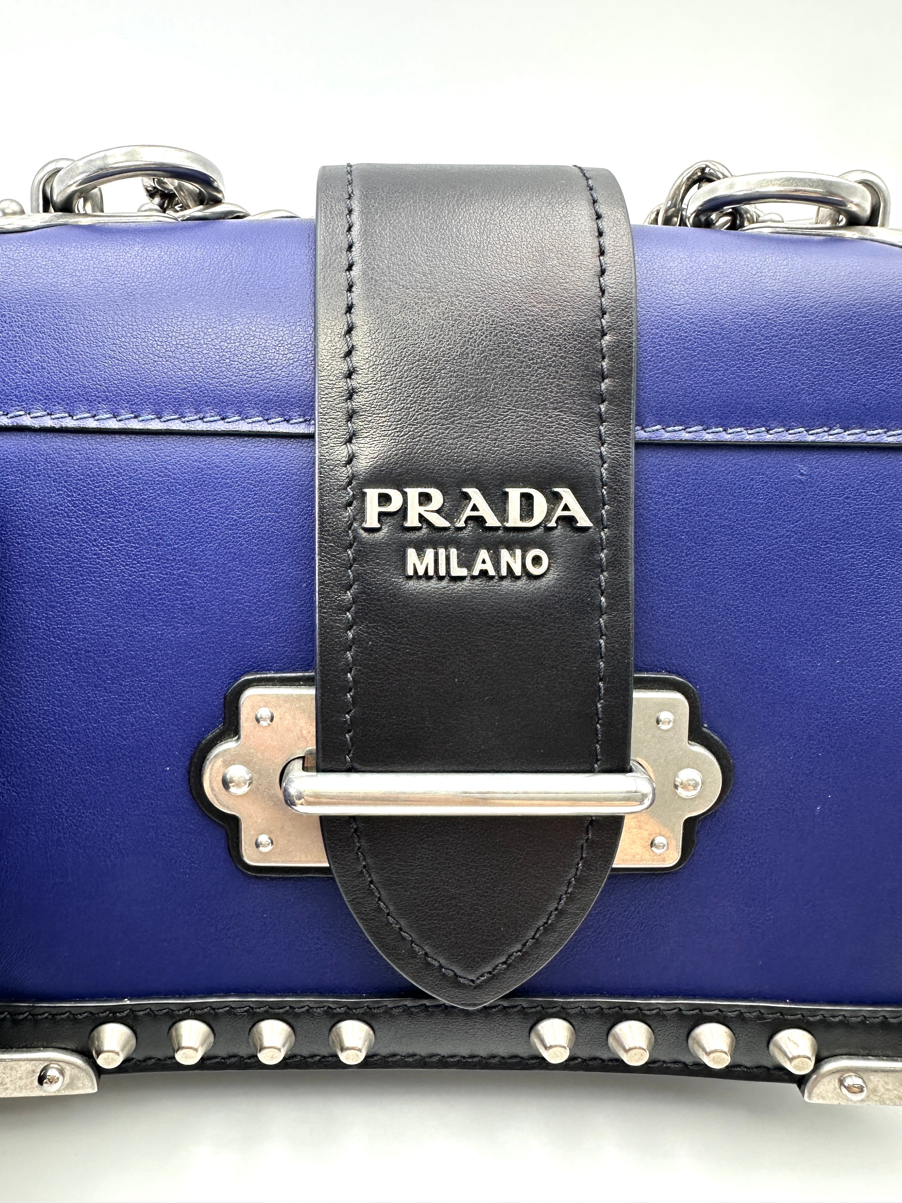 Prada Cahier Black/Blue Studded Leather Shoulder Bag PR486