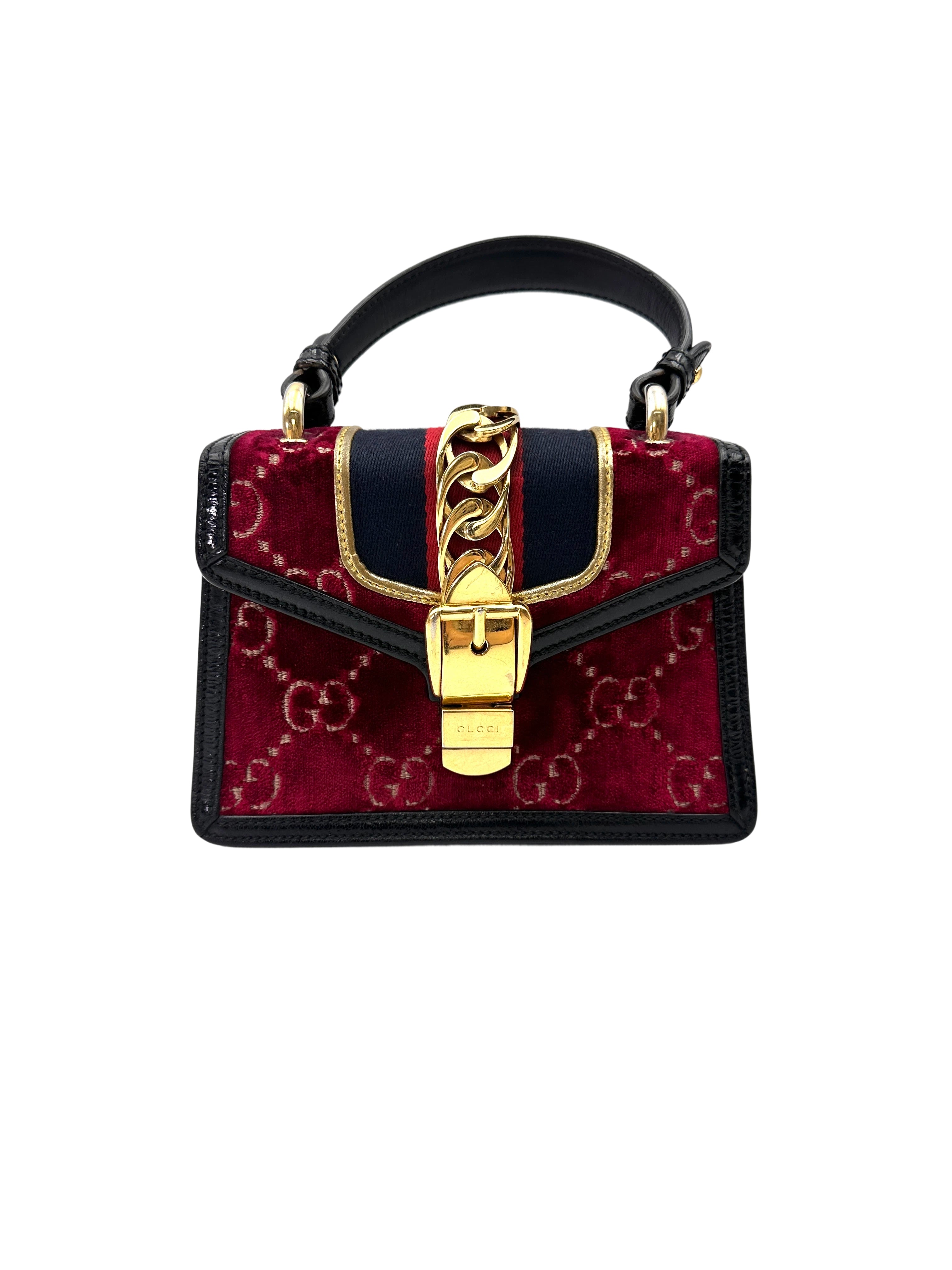 Gucci Sylvie Red Velvet Small Size Top Handle Bag GG1152