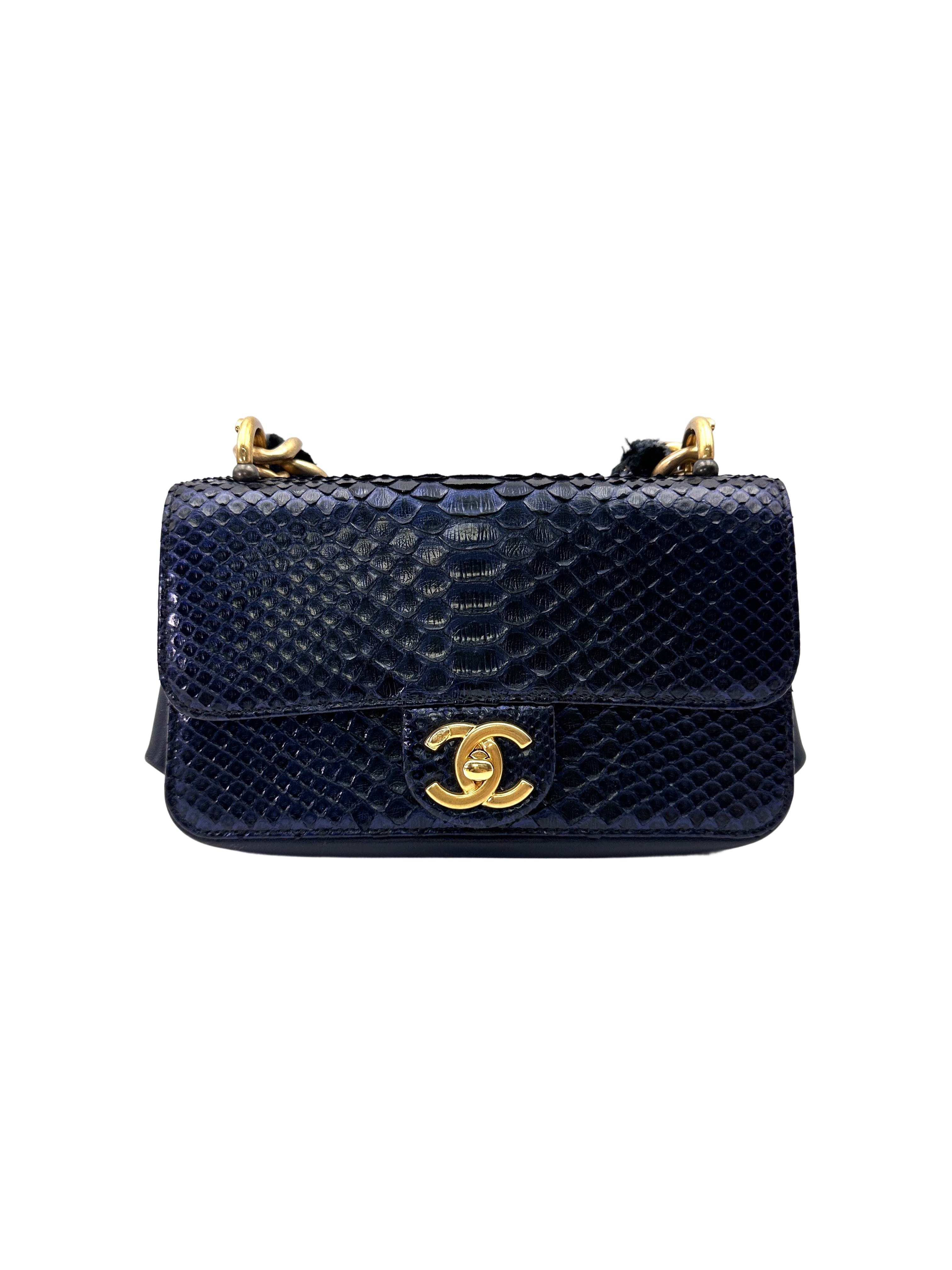 Chanel Classic Flap Metallic Navy Python Leather Shoulder Bag With Gold Hardware(24***45) CC2066
