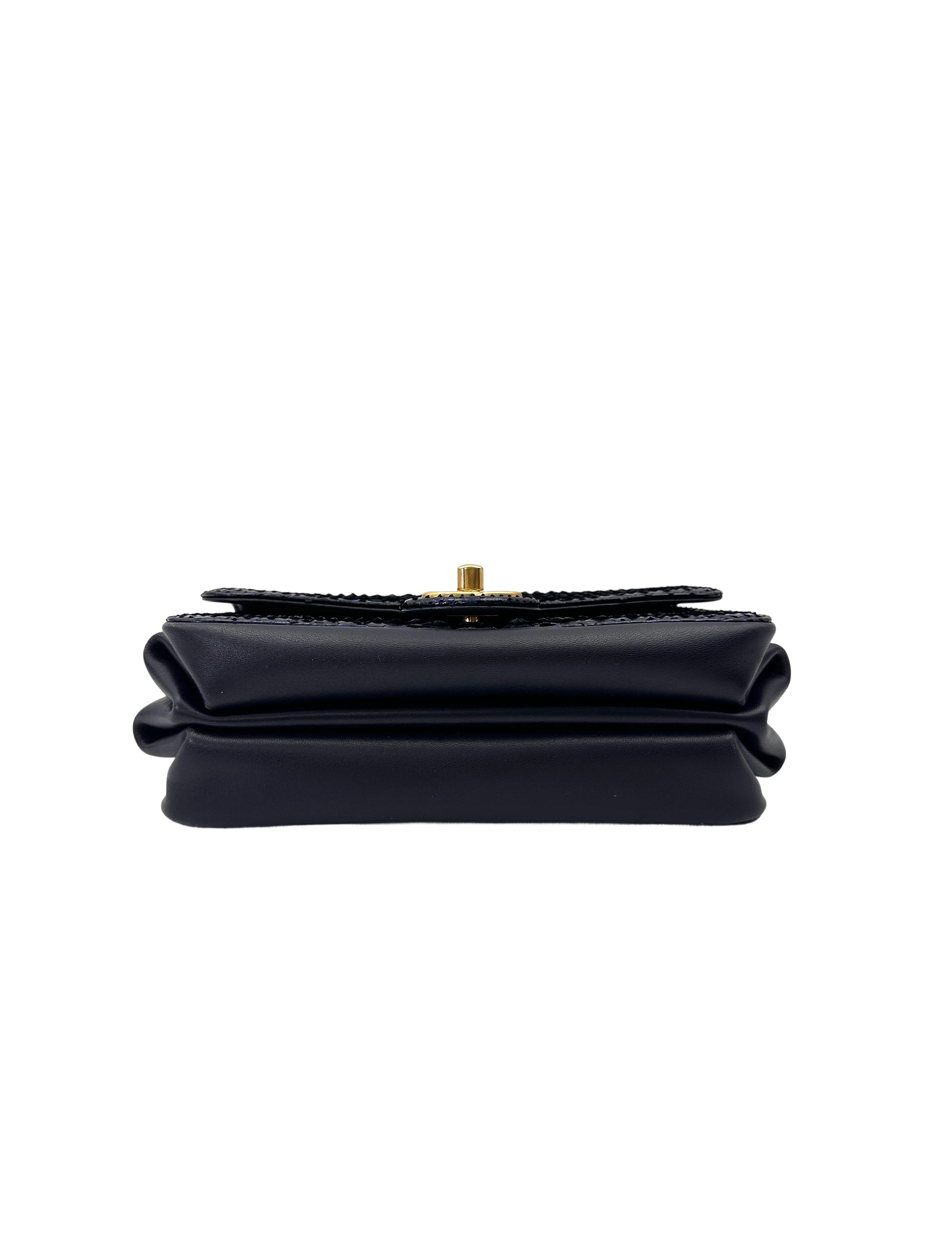 Chanel Classic Flap Metallic Navy Python Leather Shoulder Bag With Gold Hardware(24***45) CC2066