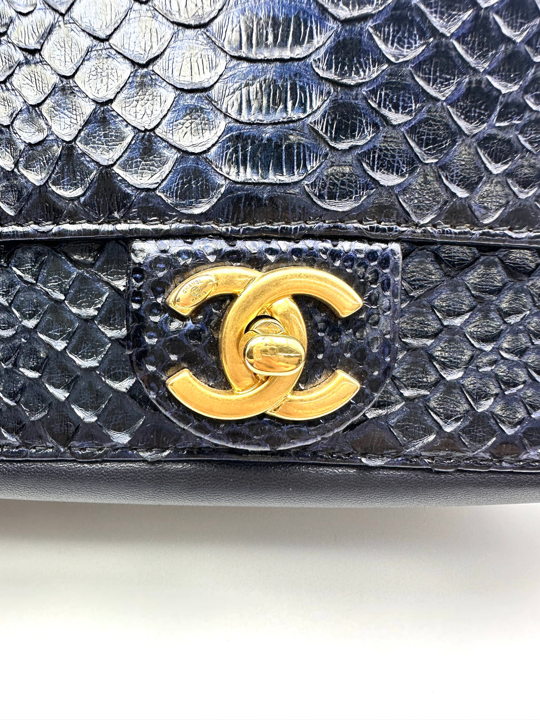 Chanel Classic Flap Metallic Navy Python Leather Shoulder Bag With Gold Hardware(24***45) CC2066