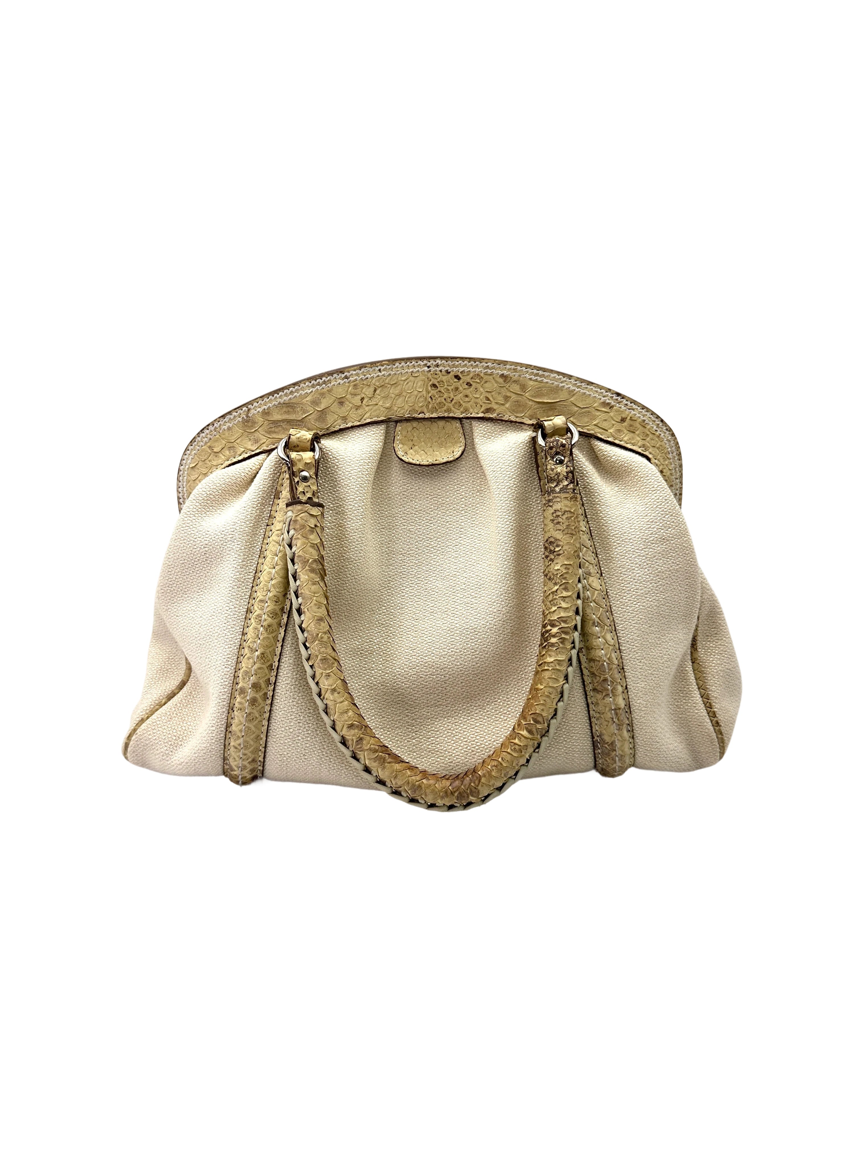 Christian Dior White Canvas & Python Leather Bowling Handle Bag DR764