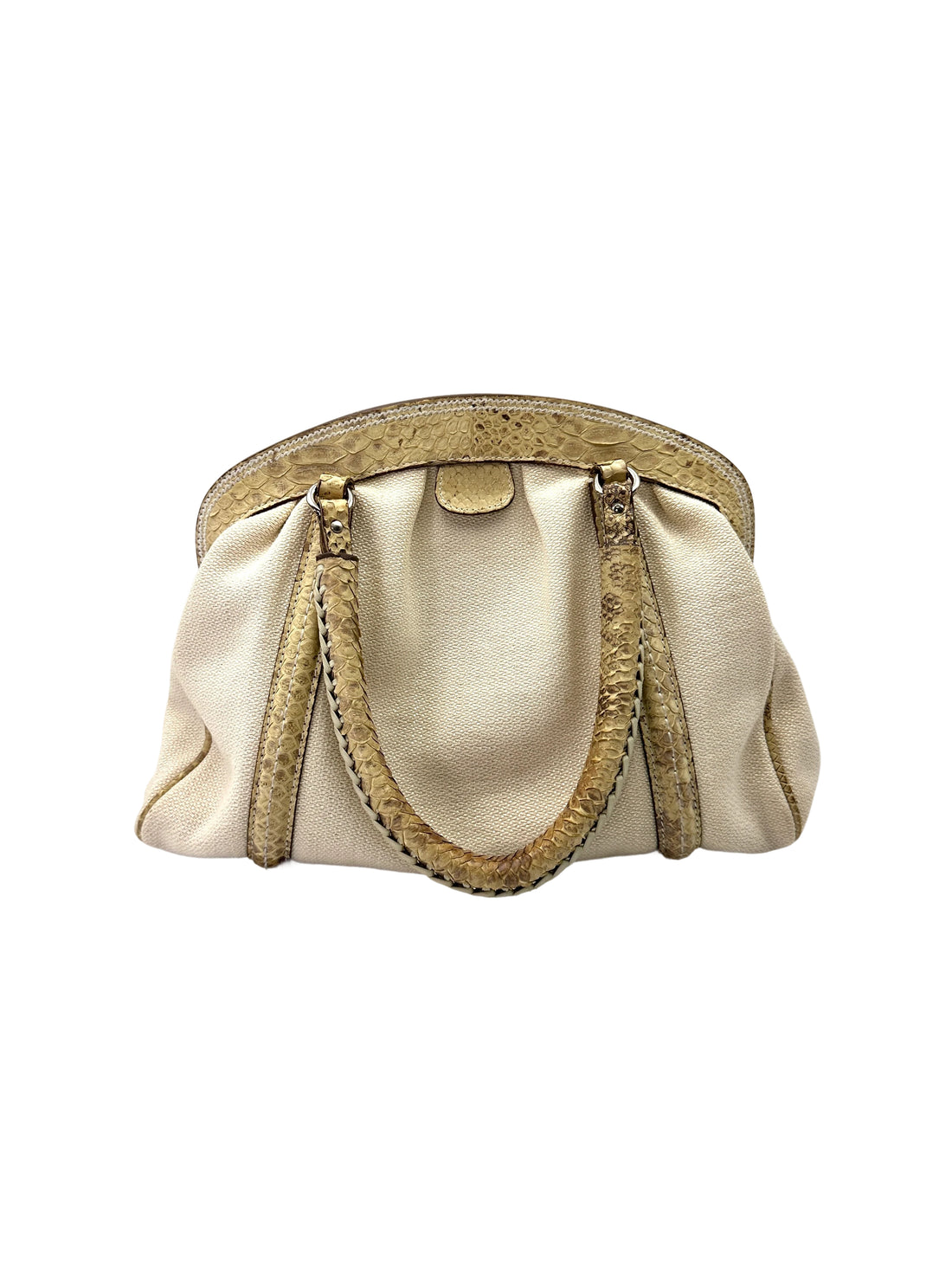 Christian Dior White Canvas & Python Leather Bowling Handle Bag DR764