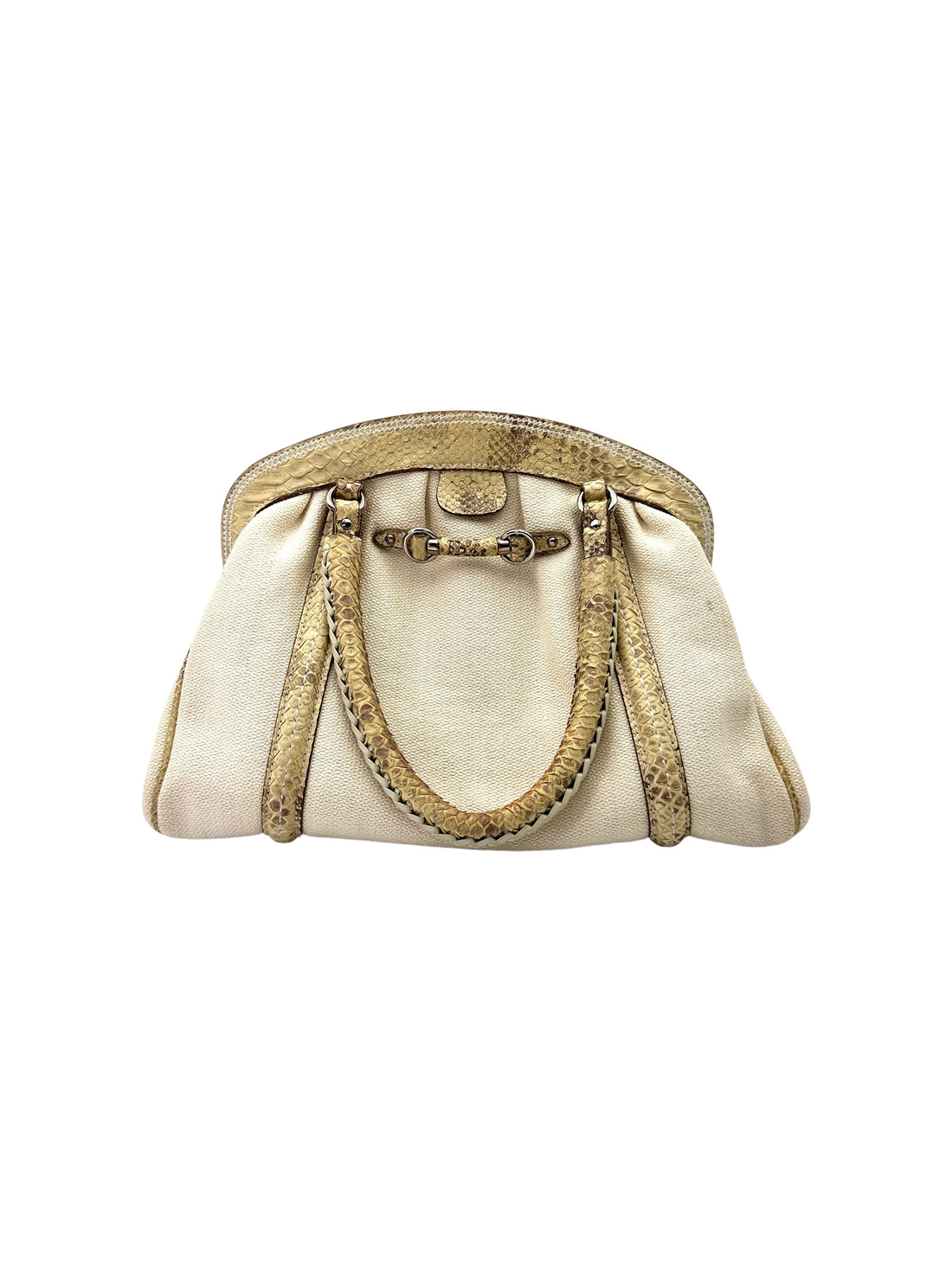 Christian Dior White Canvas & Python Leather Bowling Handle Bag DR764