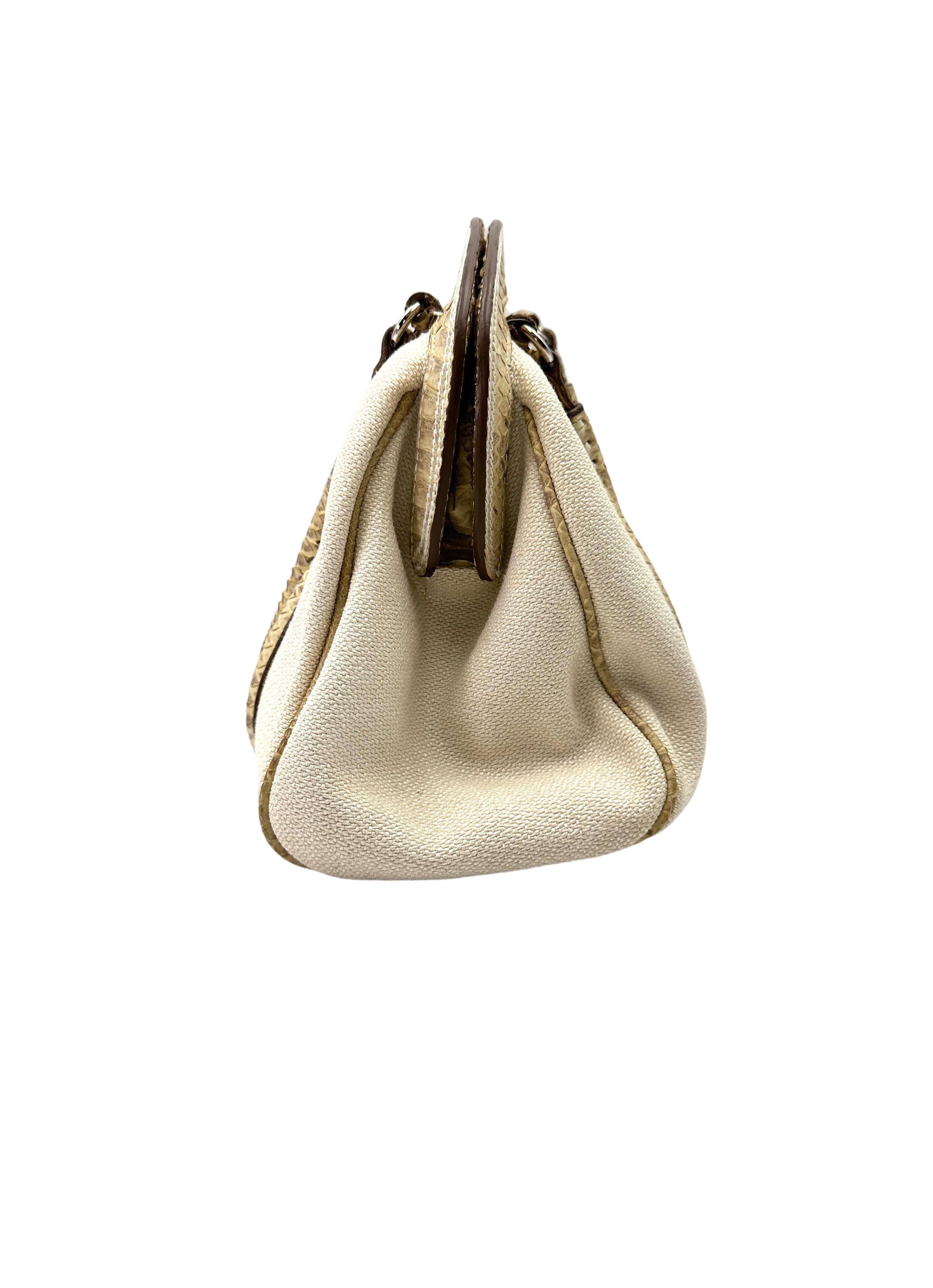 Christian Dior White Canvas & Python Leather Bowling Handle Bag DR764