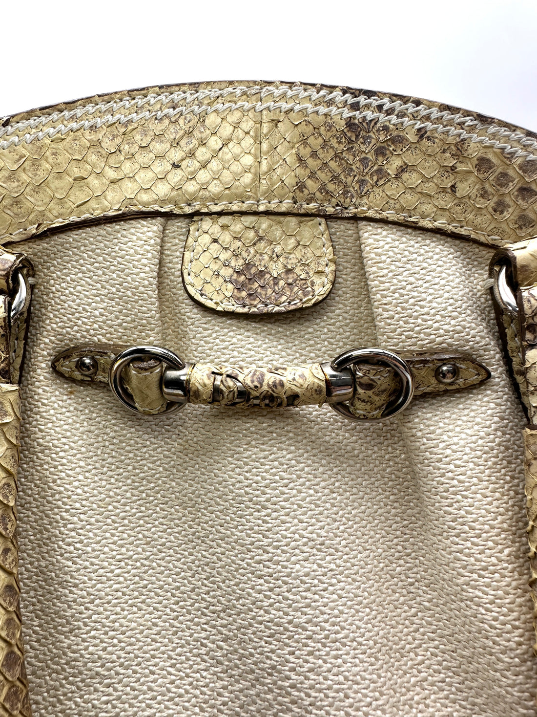 Christian Dior White Canvas & Python Leather Bowling Handle Bag DR764