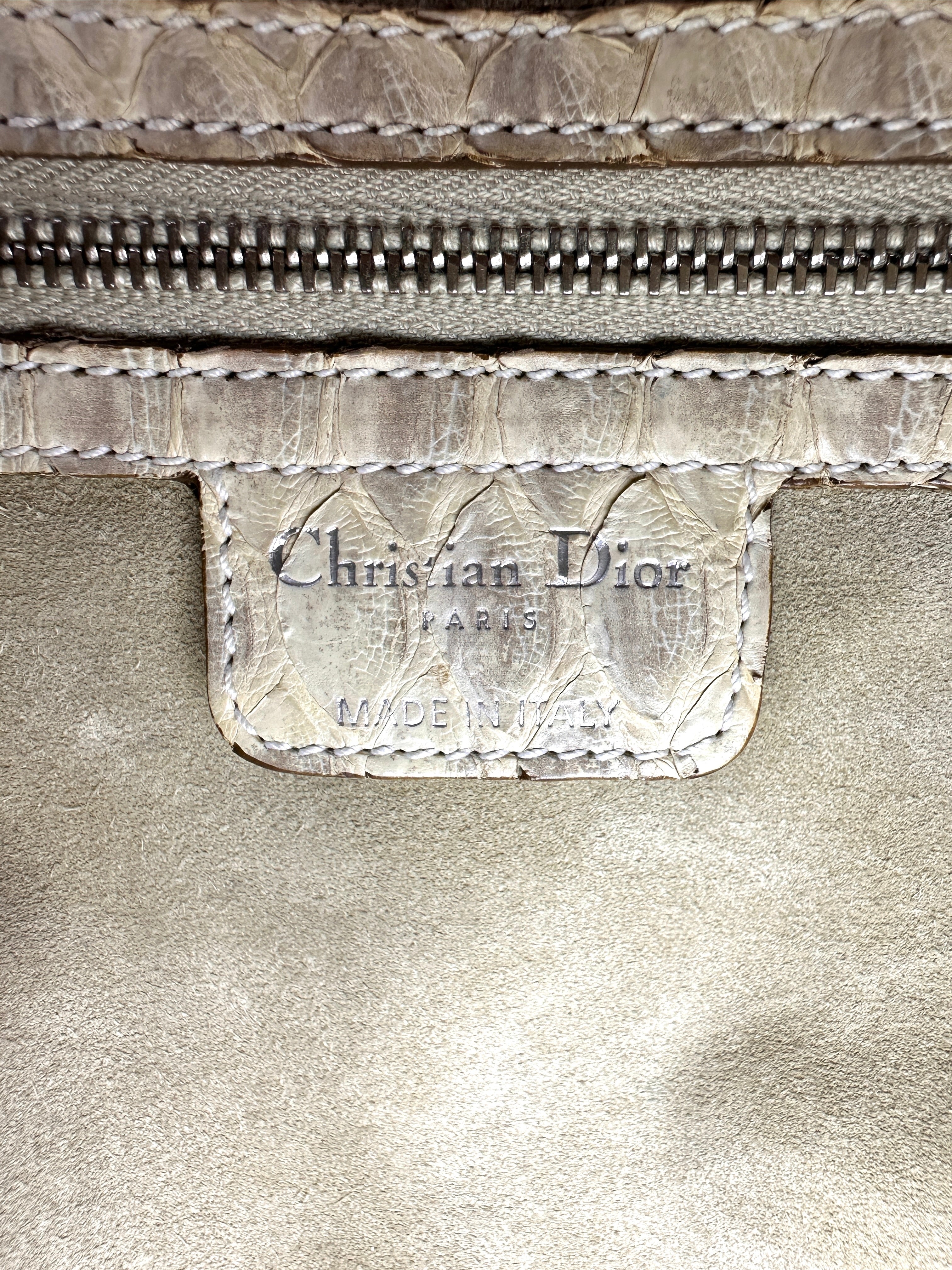 Christian Dior White Canvas & Python Leather Bowling Handle Bag DR764