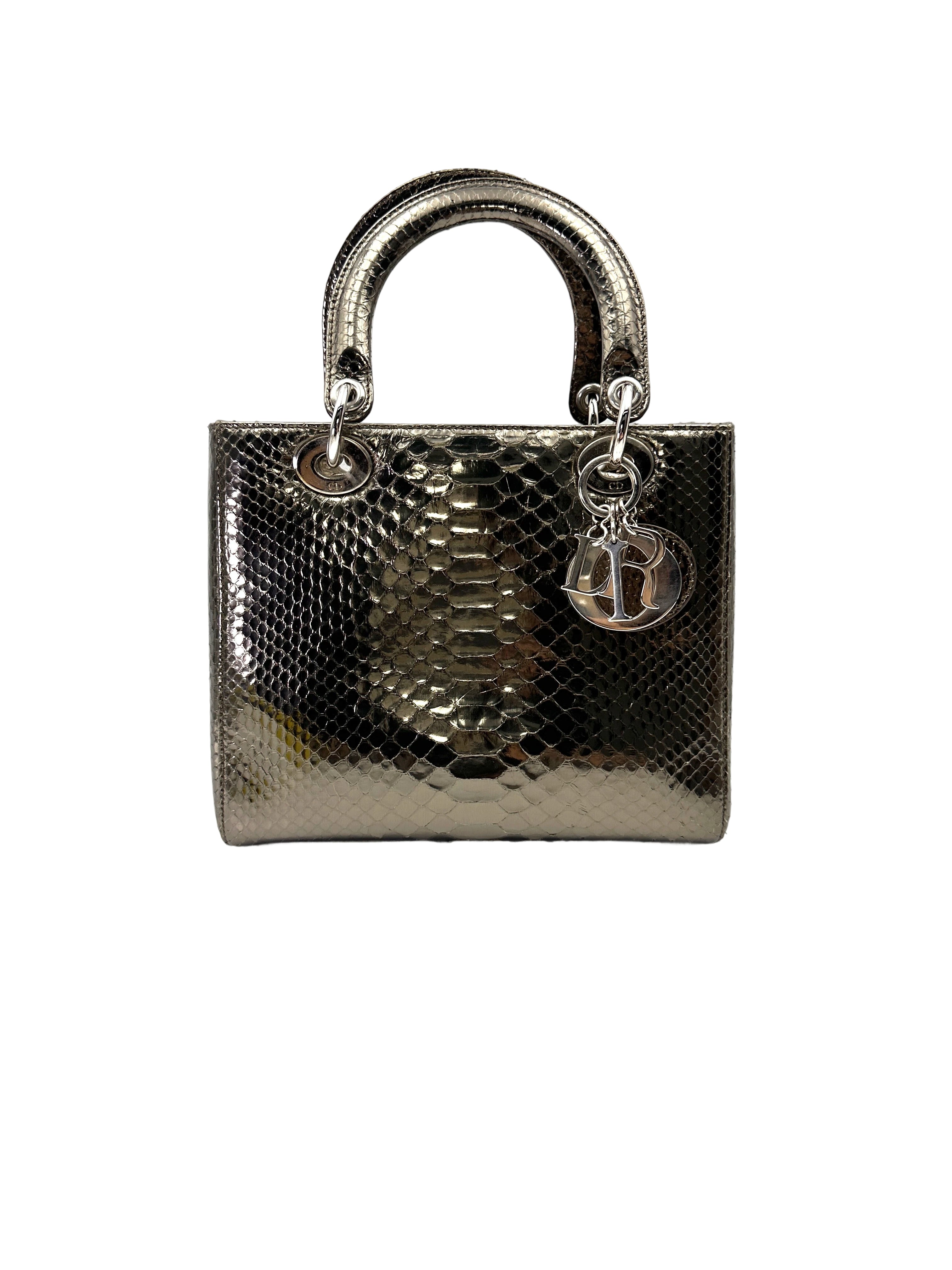 Christian Dior Lady Dior Black Python Leather Handle Bag DR763