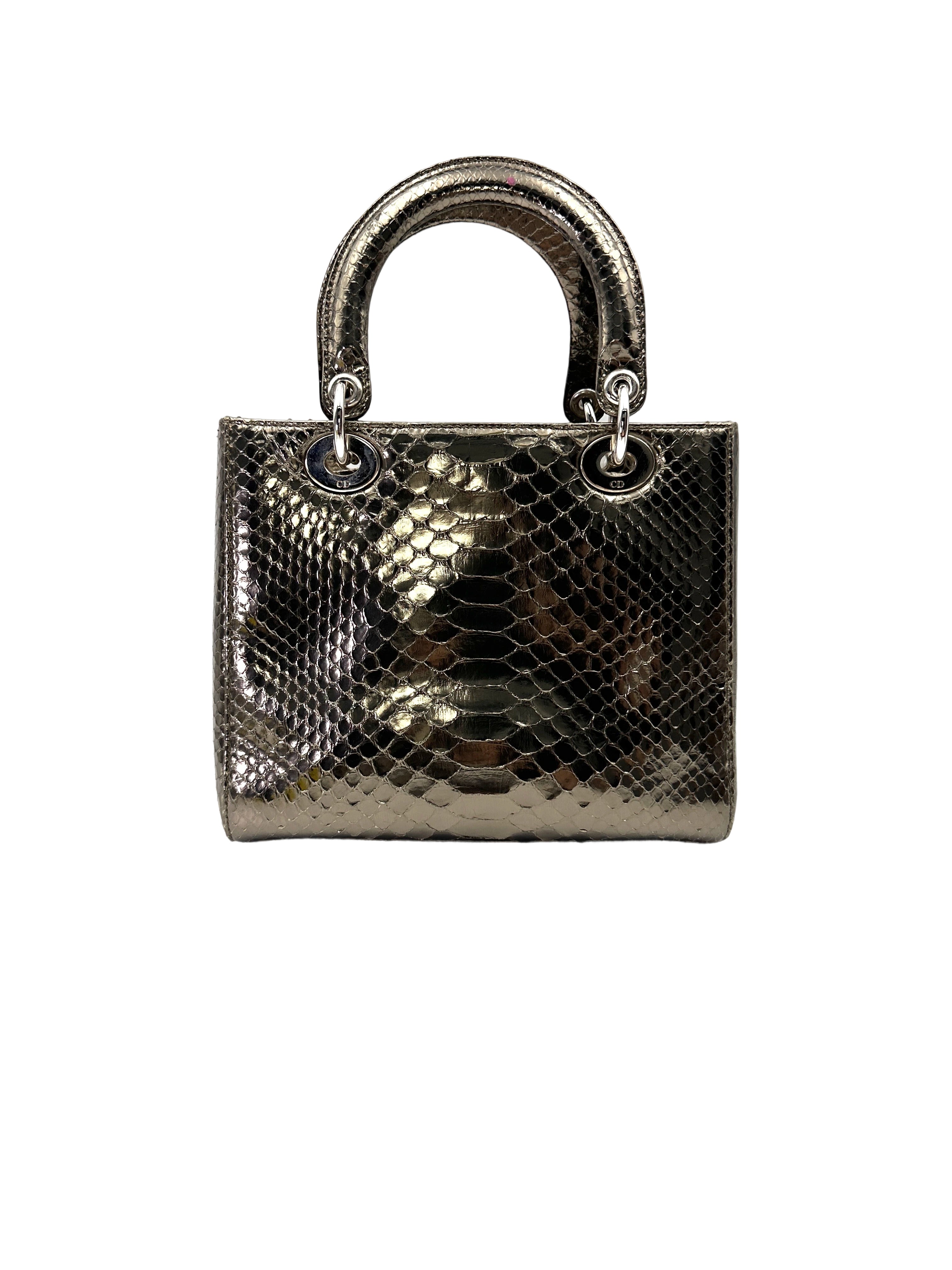 Christian Dior Lady Dior Black Python Leather Handle Bag DR763