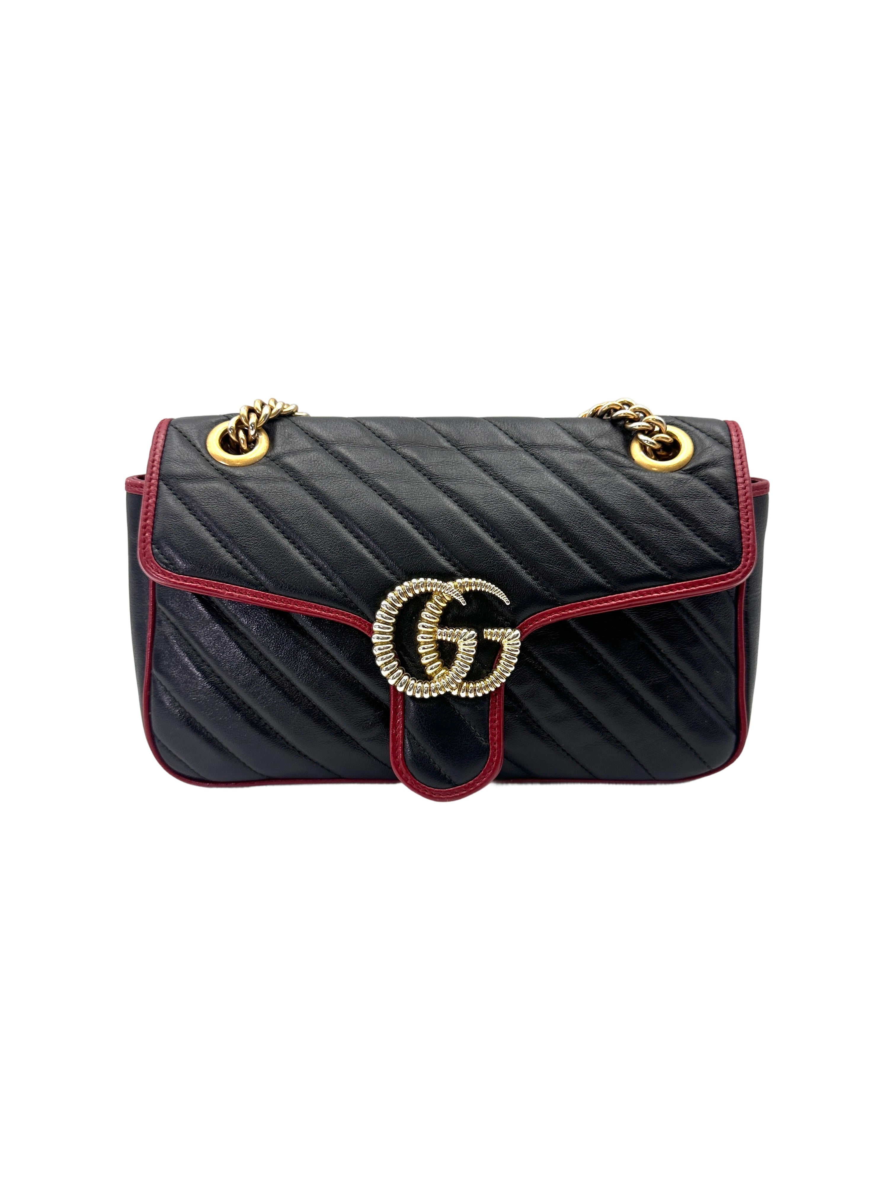 Gucci GG Marmont Black Leather Flap Bag With Red Trim GG1161