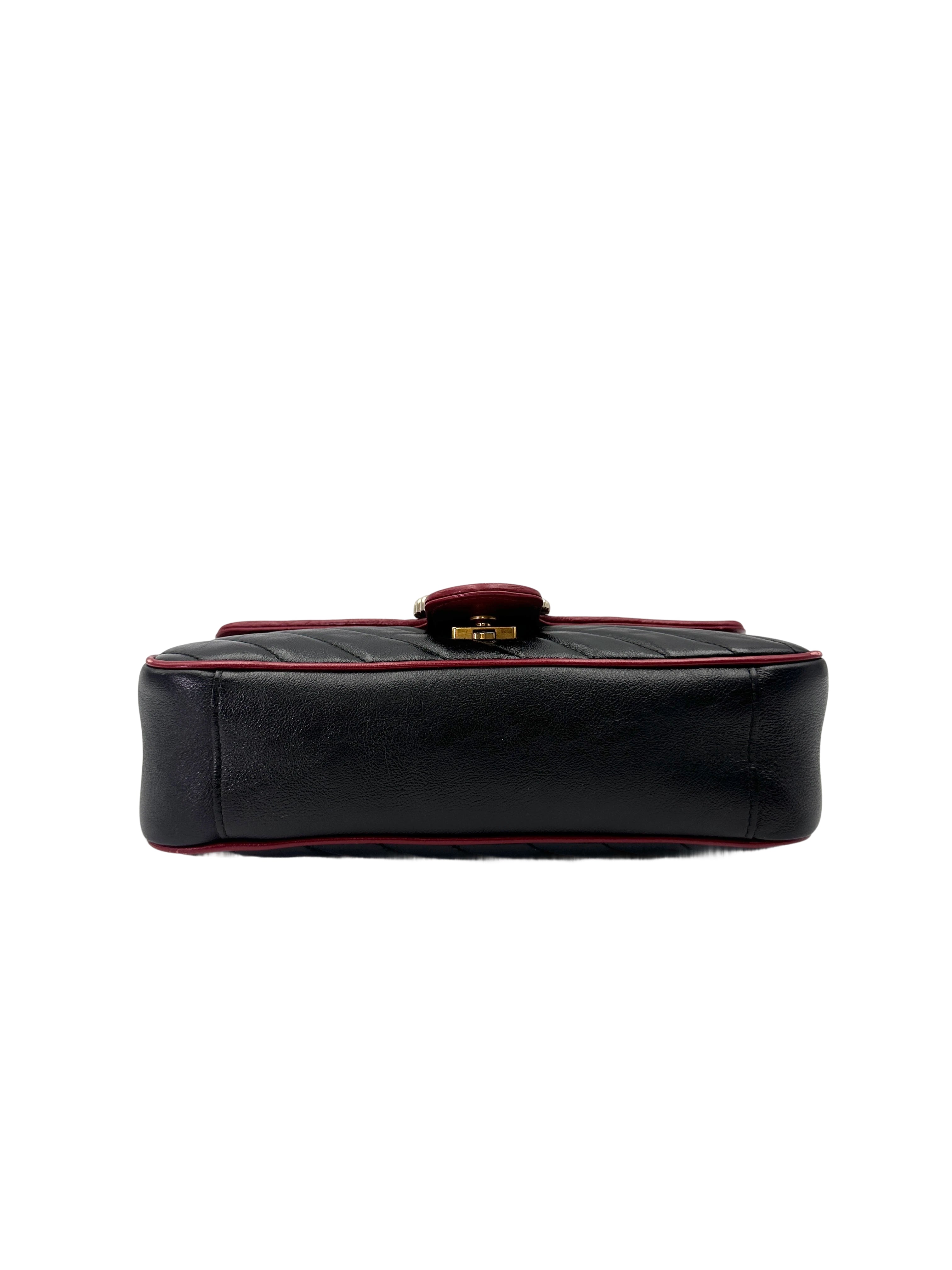 Gucci GG Marmont Black Leather Flap Bag With Red Trim GG1161