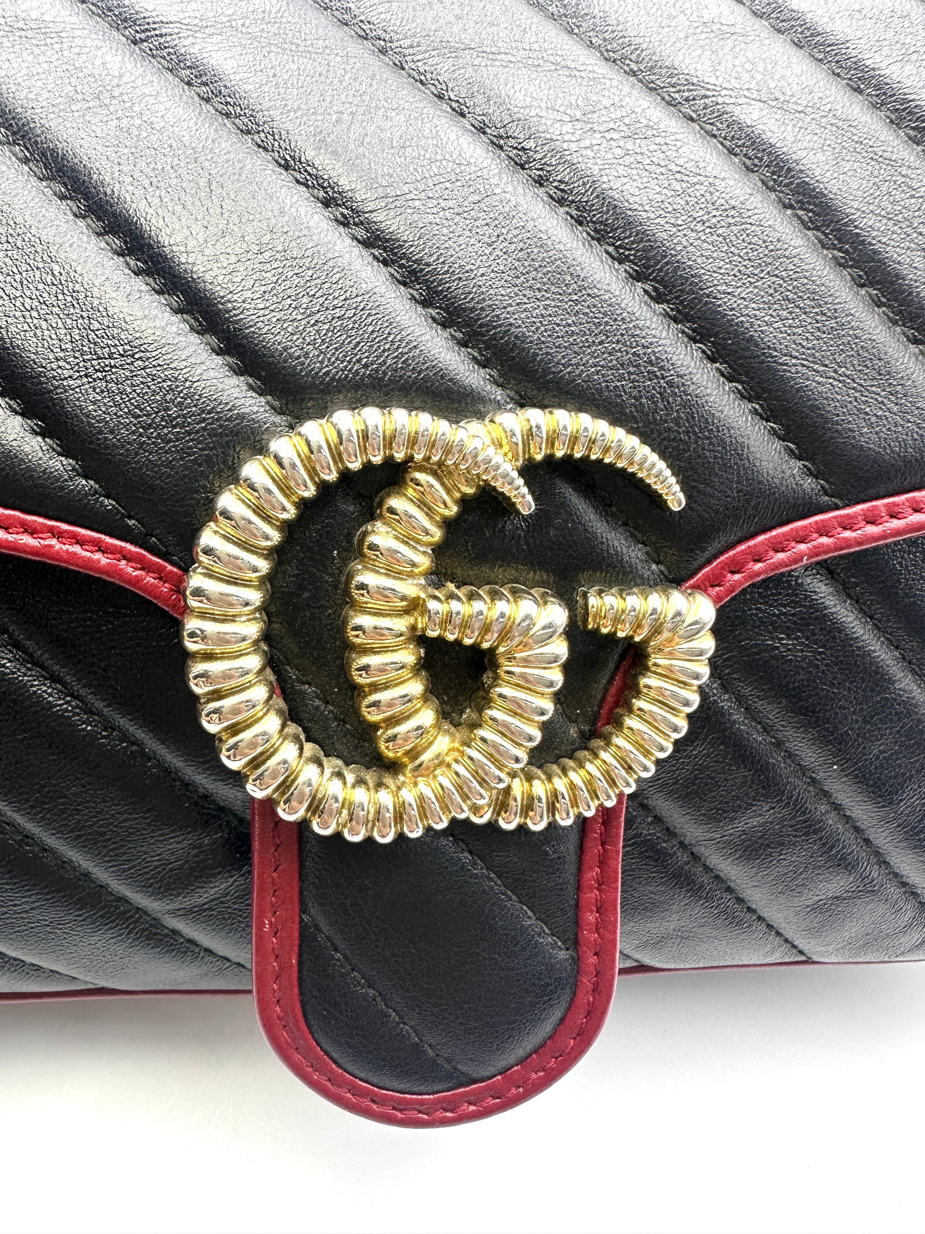 Gucci GG Marmont Black Leather Flap Bag With Red Trim GG1161