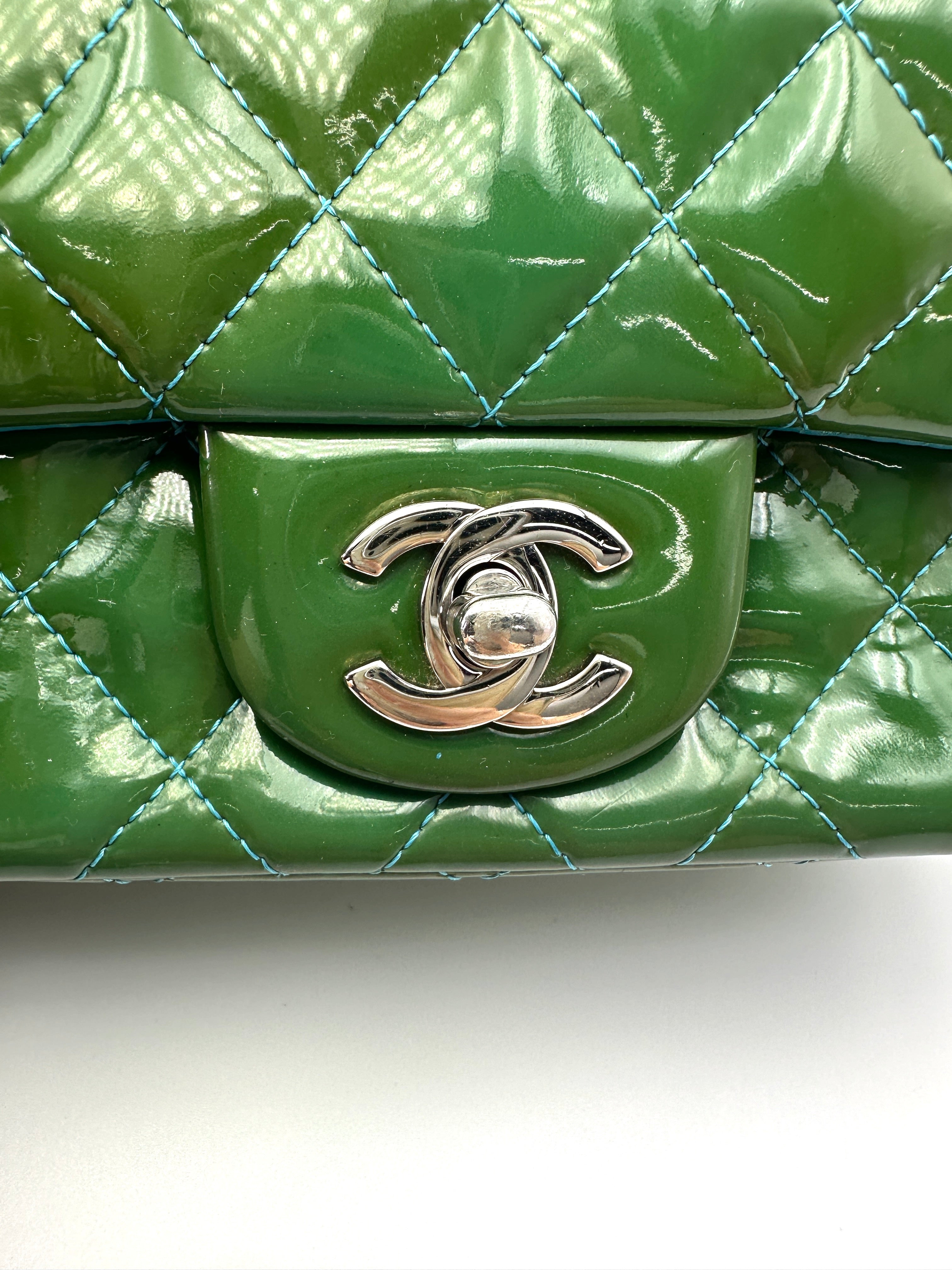 Chanel Classic Flap Green Quilted Patent Leather Flap Bag With Silver Buckle(20***35) IRIS235
