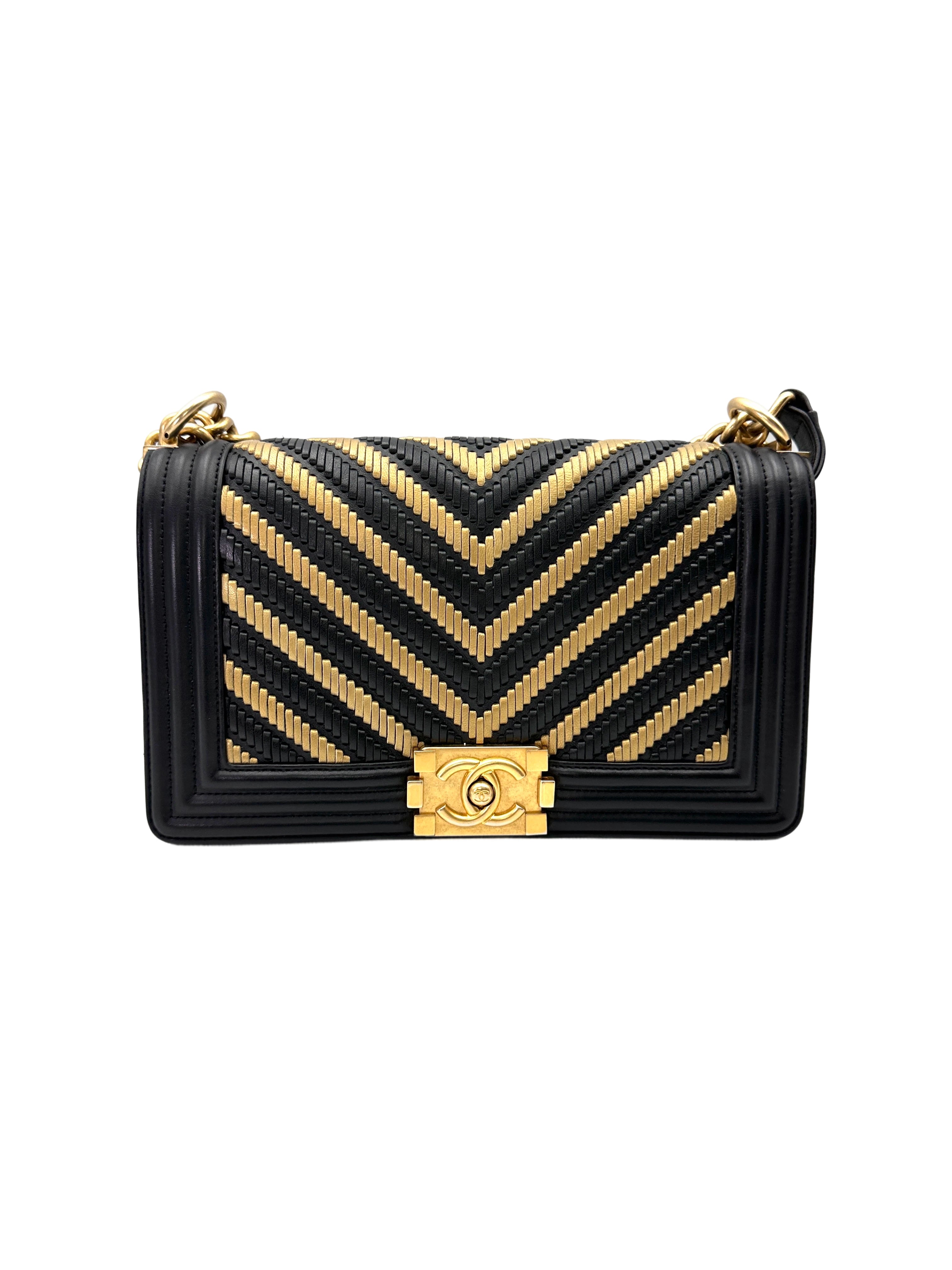 Chanel LeBoy Black/Beige Braided Chevron Leather Medium Size Flap Bag With Gold Buckle(28***51) CC2069