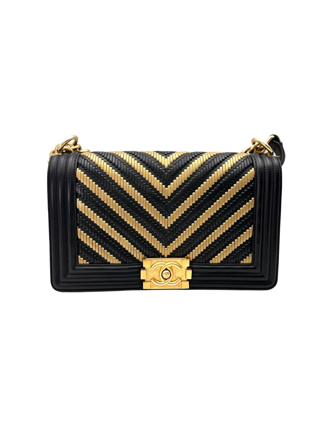 Chanel LeBoy Black/Beige Braided Chevron Leather Medium Size Flap Bag With Gold Buckle(28***51) CC2069
