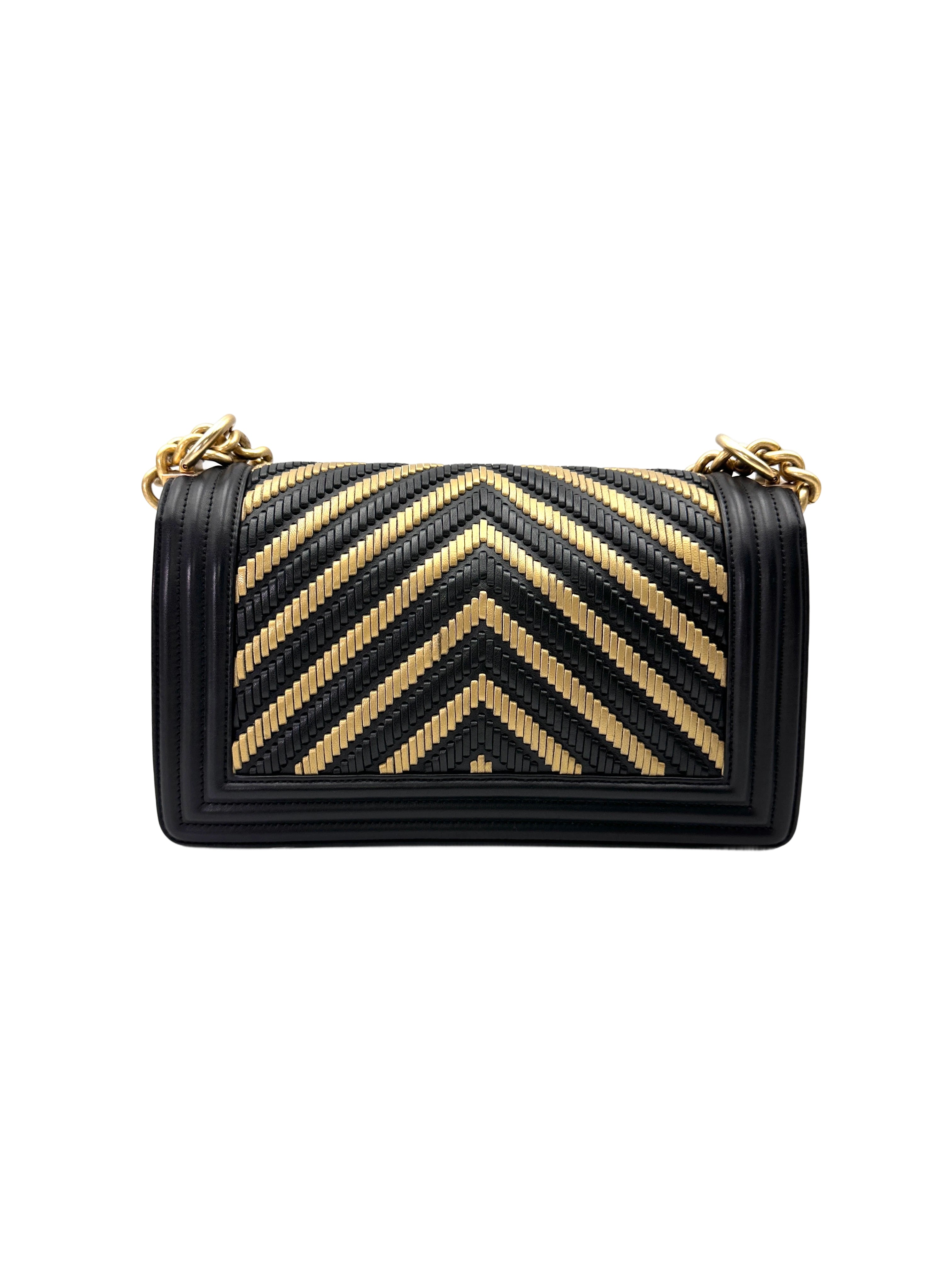 Chanel LeBoy Black/Beige Braided Chevron Leather Medium Size Flap Bag With Gold Buckle(28***51) CC2069