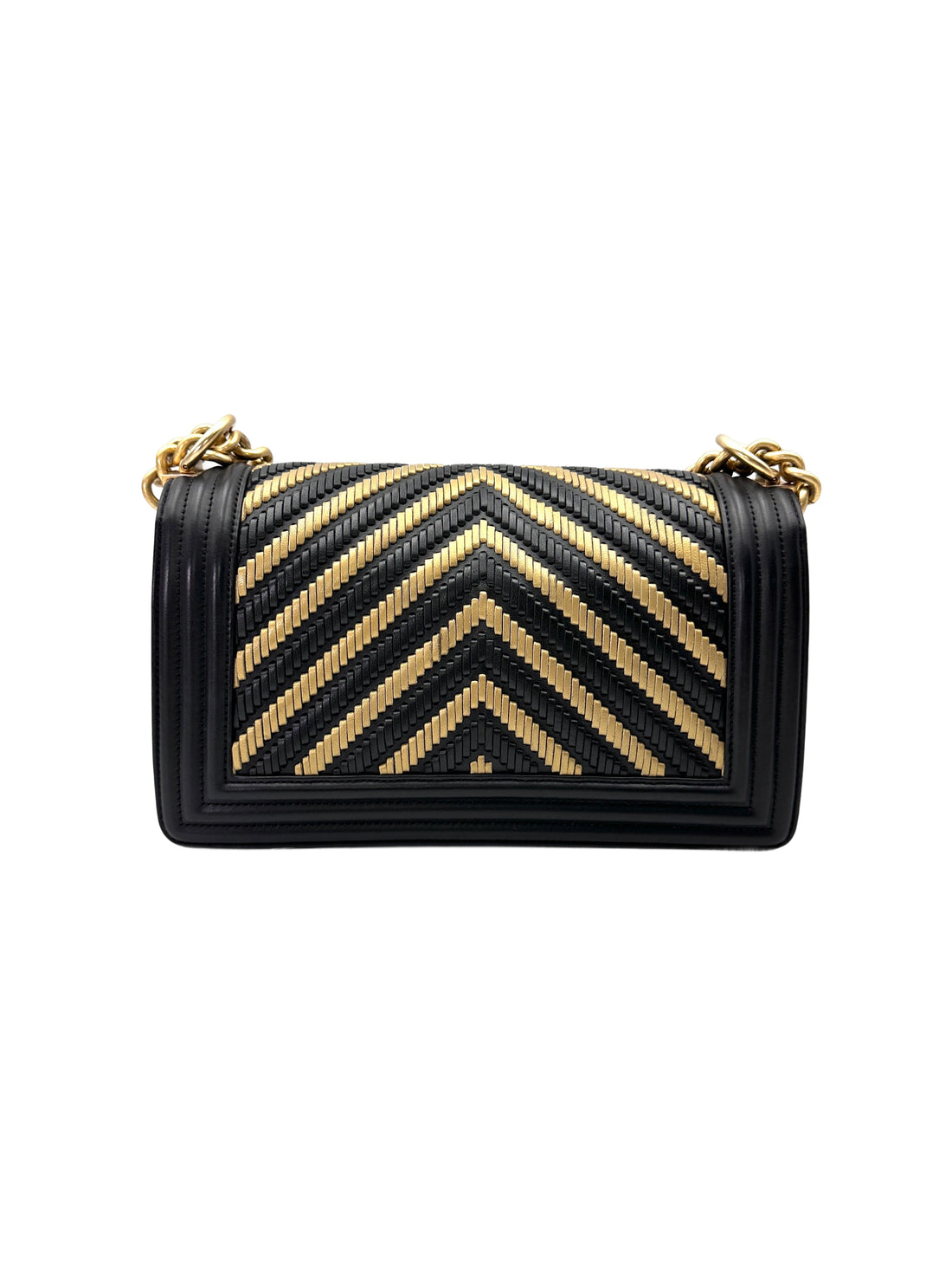 Chanel LeBoy Black/Beige Braided Chevron Leather Medium Size Flap Bag With Gold Buckle(28***51) CC2069