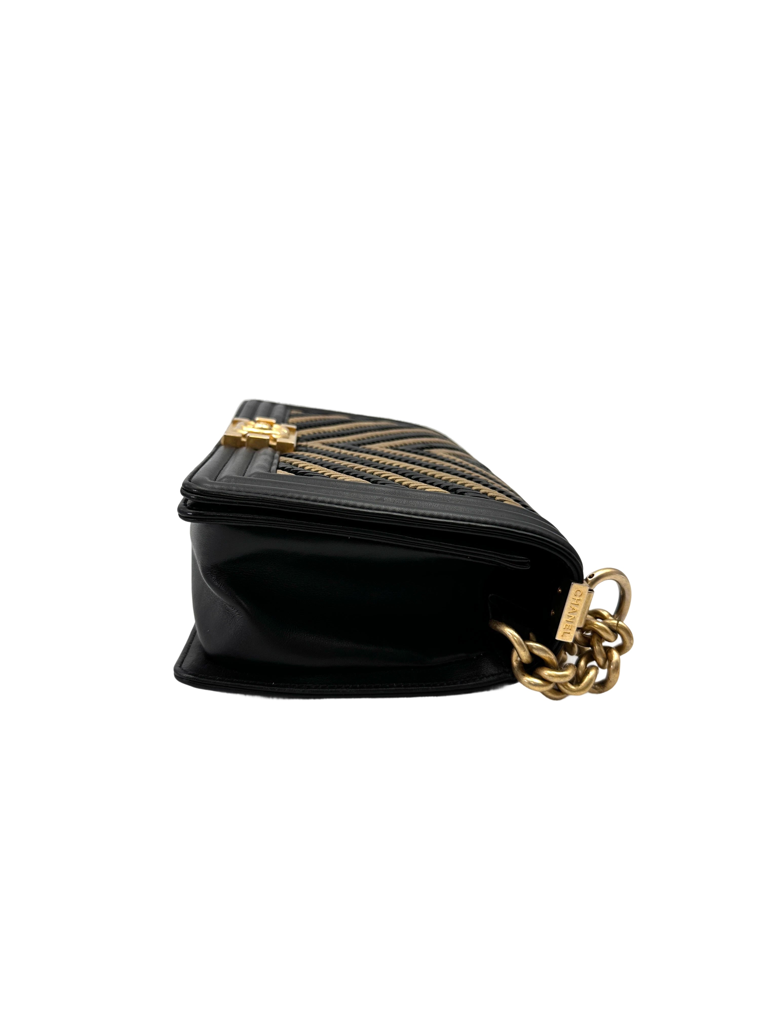 Chanel LeBoy Black/Beige Braided Chevron Leather Medium Size Flap Bag With Gold Buckle(28***51) CC2069