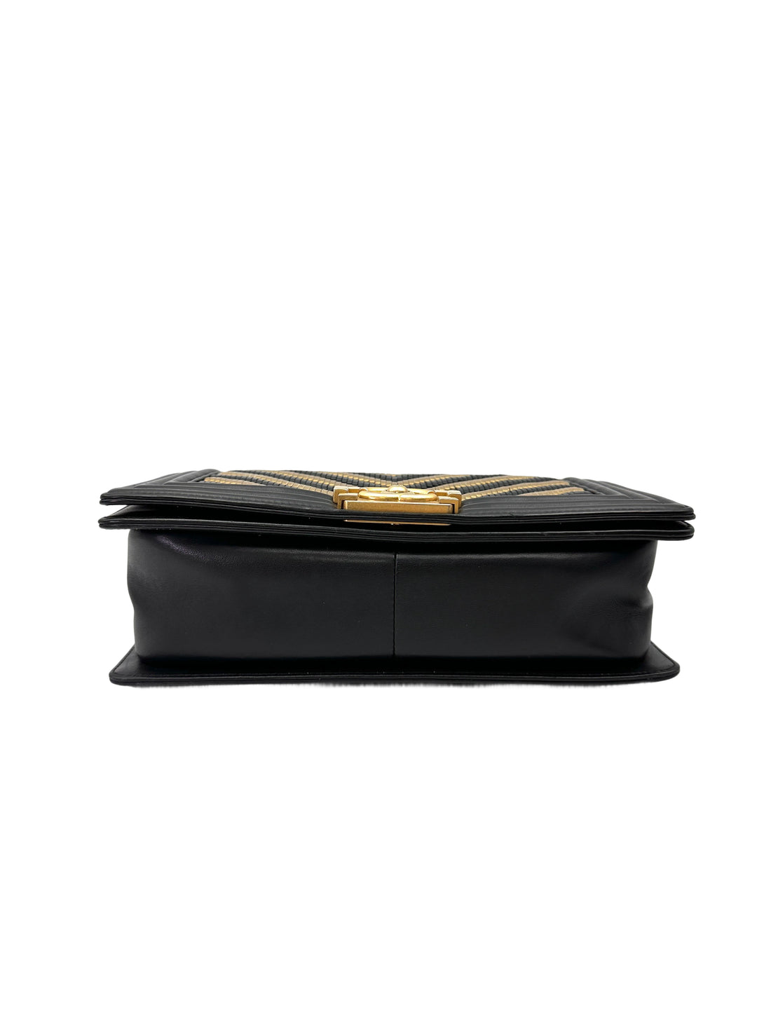 Chanel LeBoy Black/Beige Braided Chevron Leather Medium Size Flap Bag With Gold Buckle(28***51) CC2069