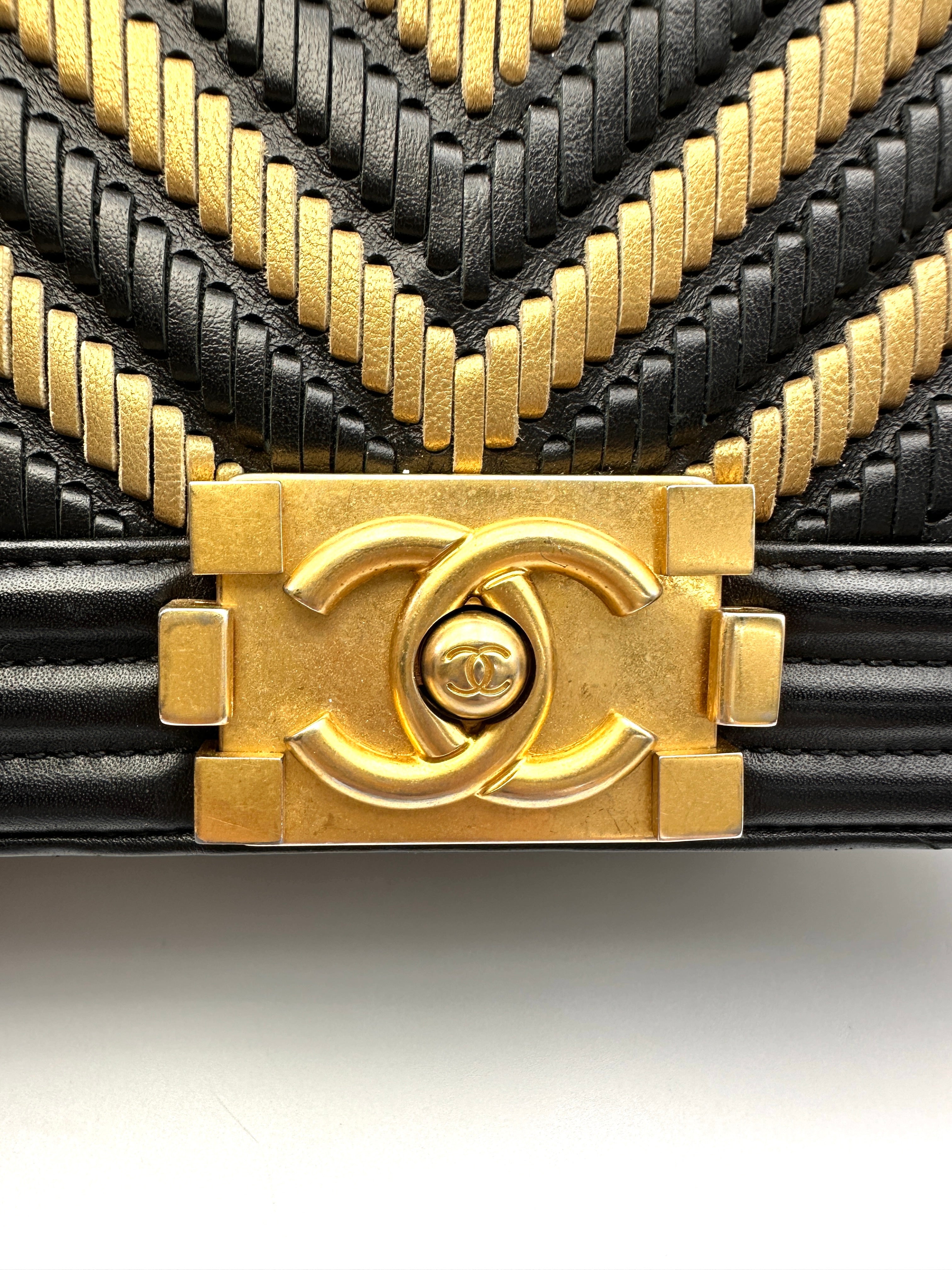Chanel LeBoy Black/Beige Braided Chevron Leather Medium Size Flap Bag With Gold Buckle(28***51) CC2069