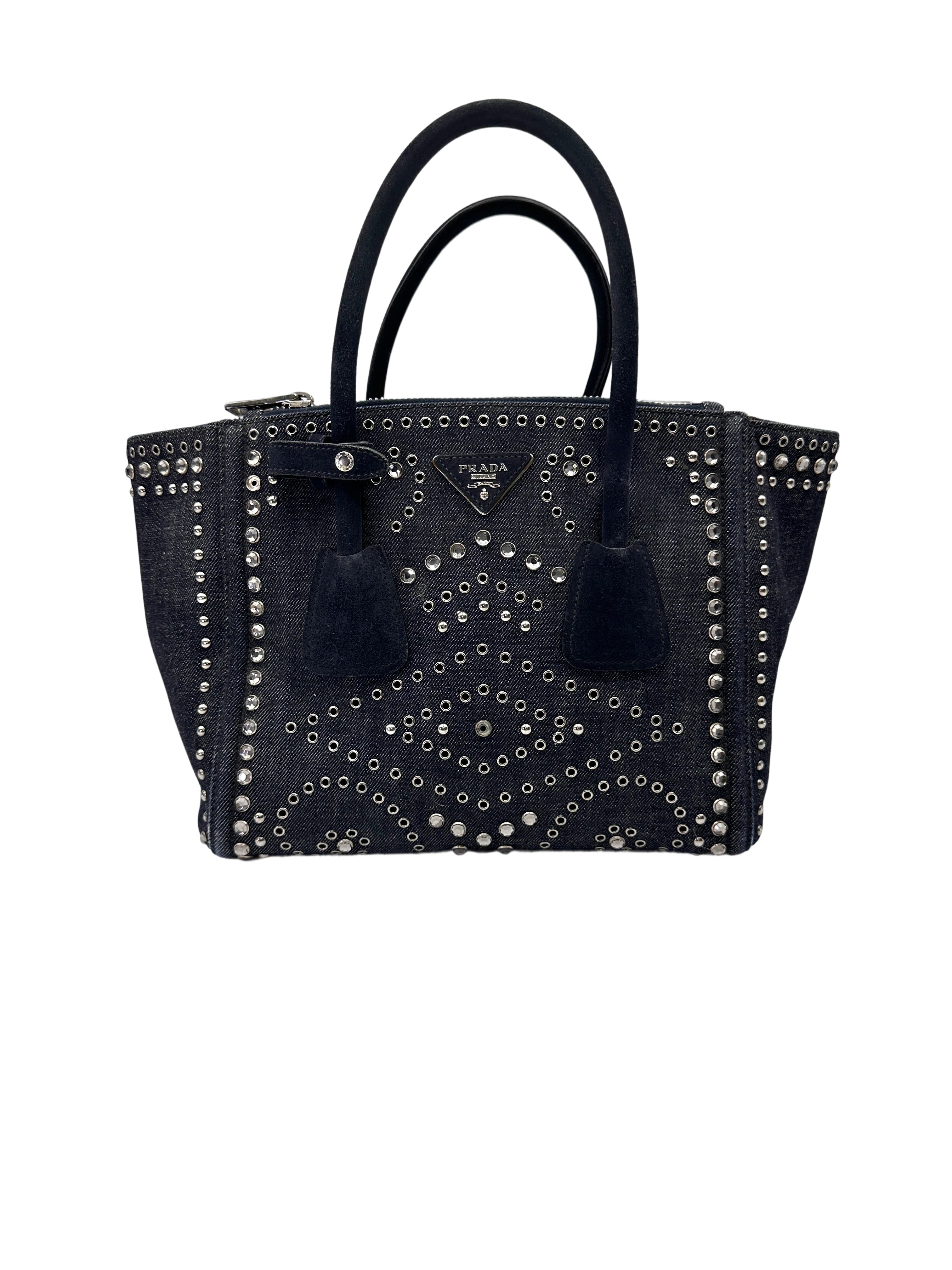 Prada Denim Crystal Rhinestone Studded Handle Bag PR412