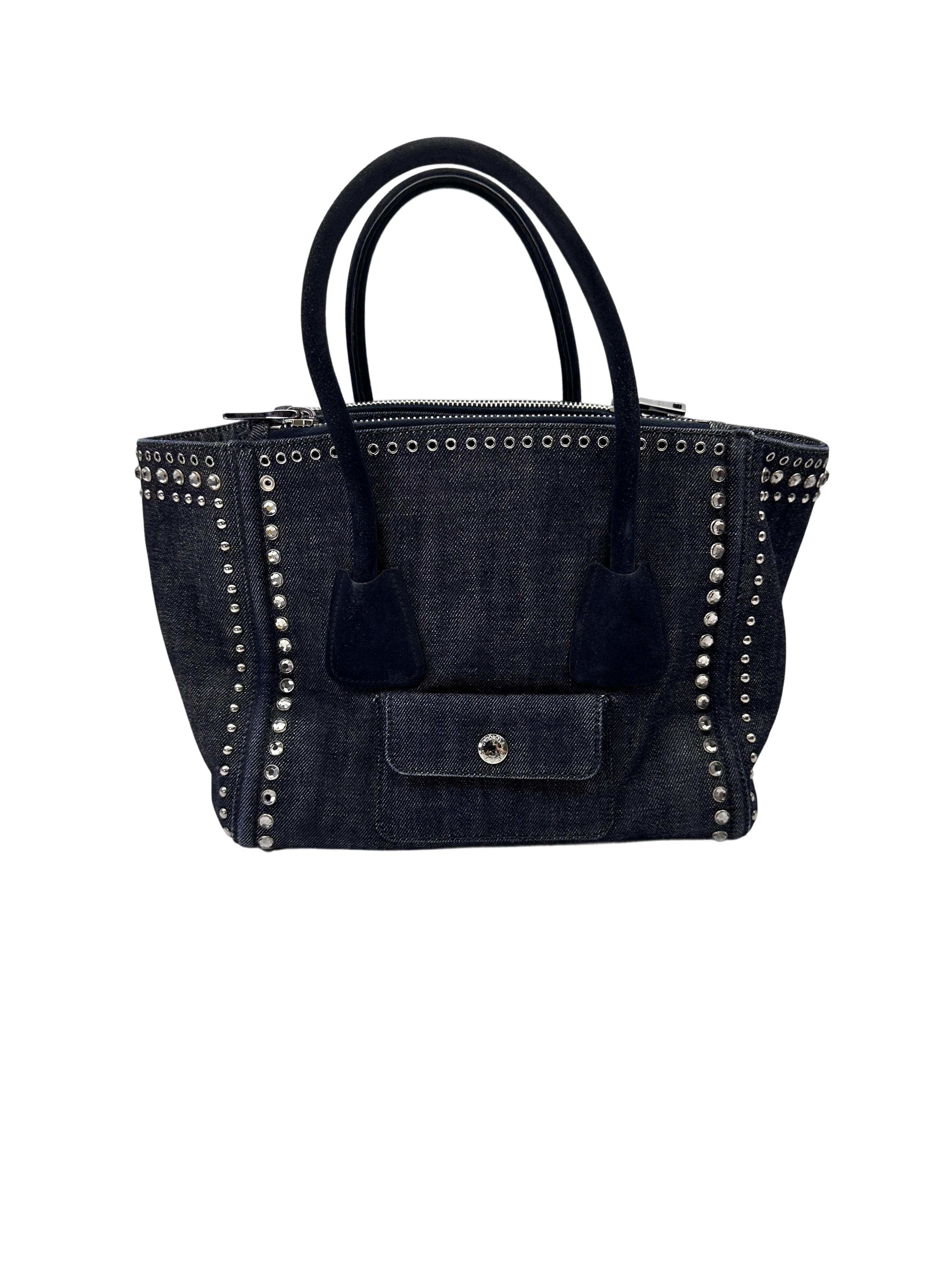 Prada Denim Crystal Rhinestone Studded Handle Bag PR412