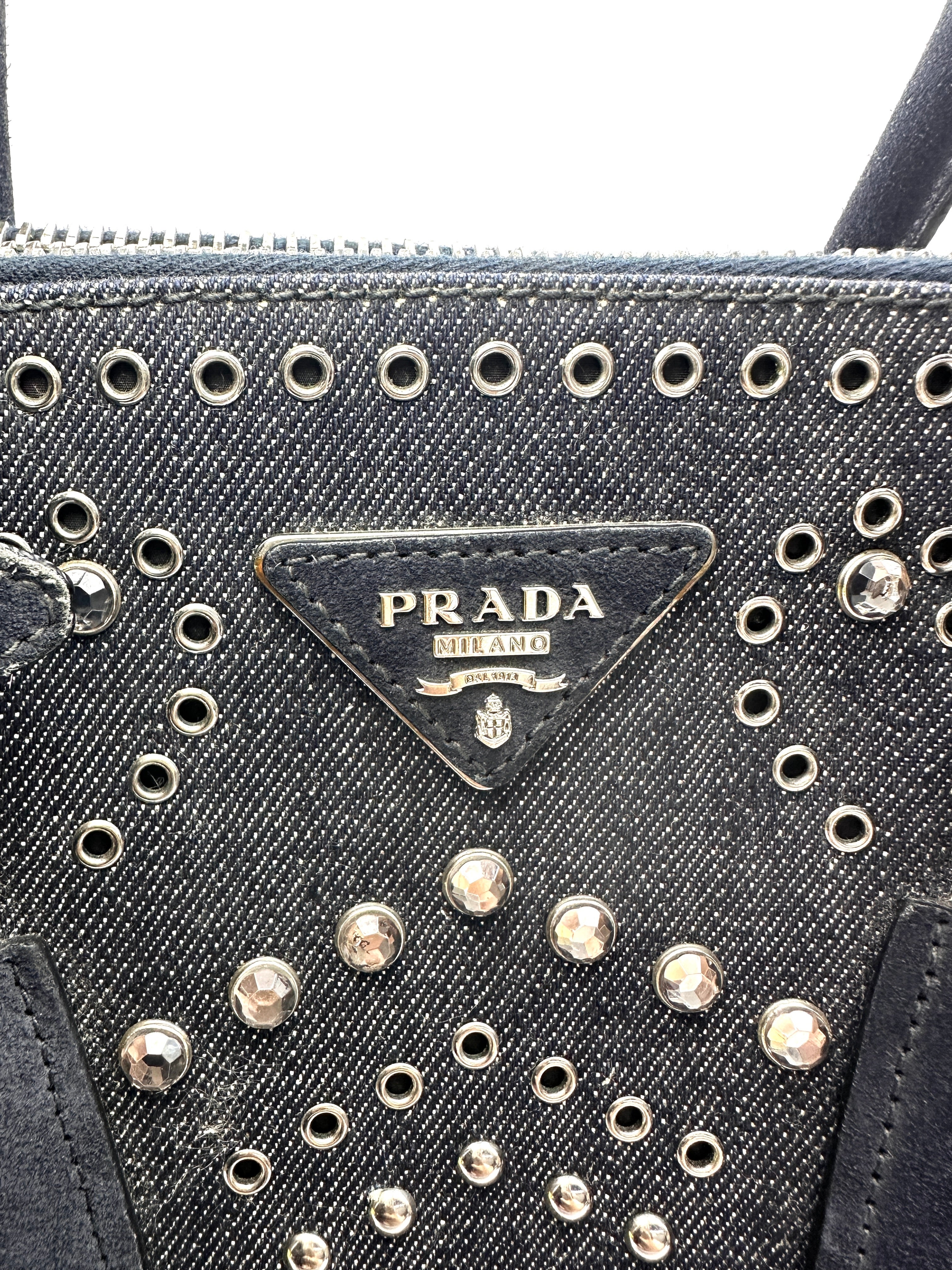 Prada Denim Crystal Rhinestone Studded Handle Bag PR412