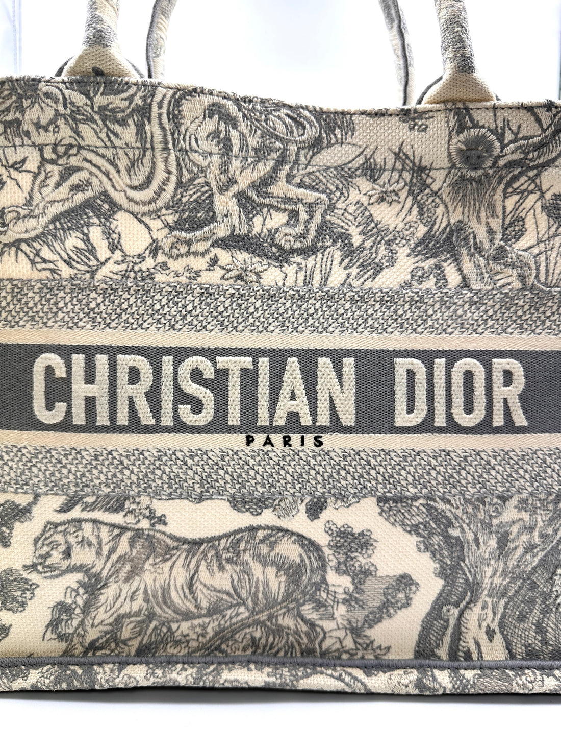 Christian Dior Yoile de Jouy Grey/White Embroidery Book Tote Bag IRIS236