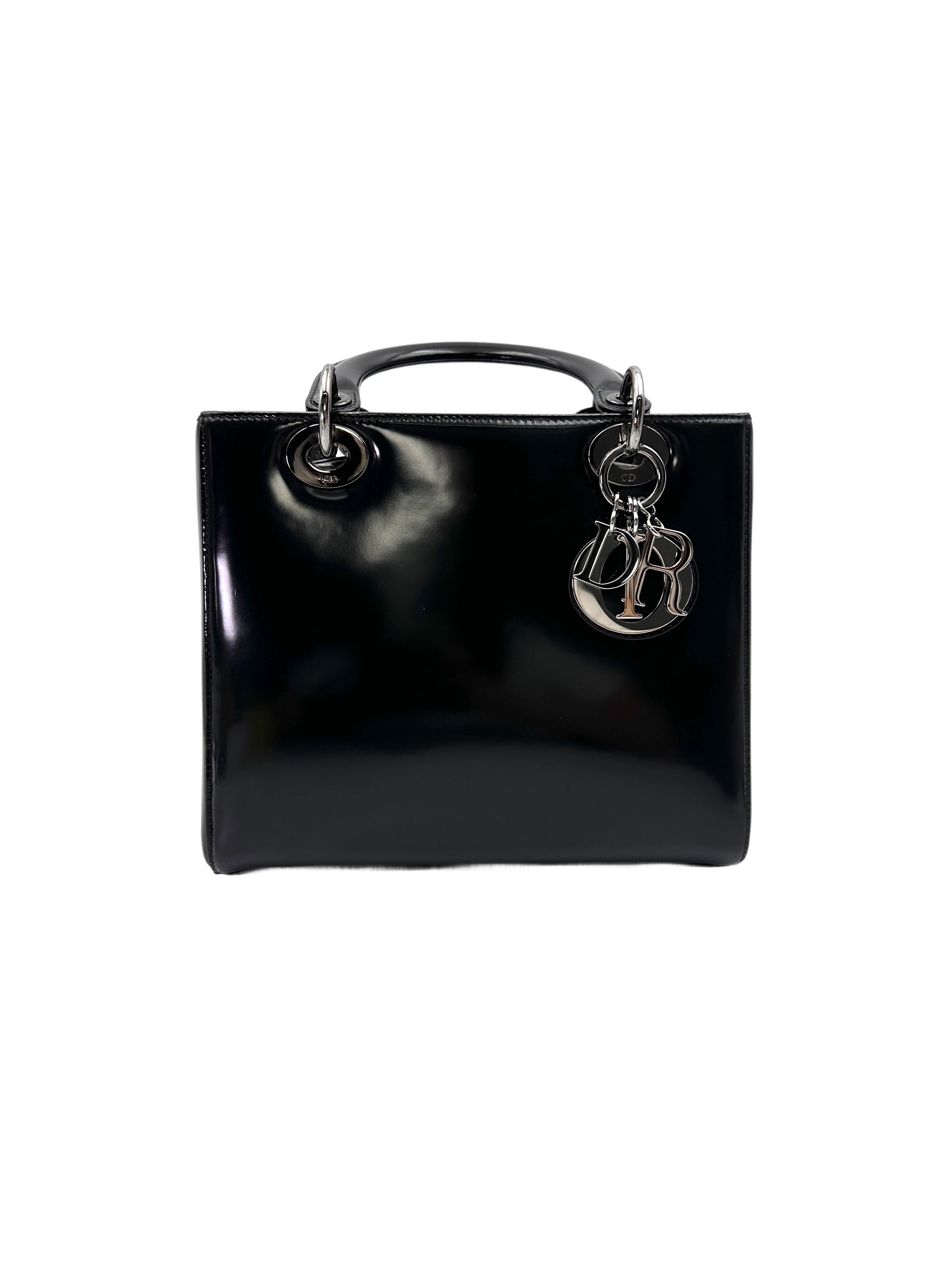 Christian Dior Lady Dior Black Patent Leather Handle Bag With Silver Buckle DR765