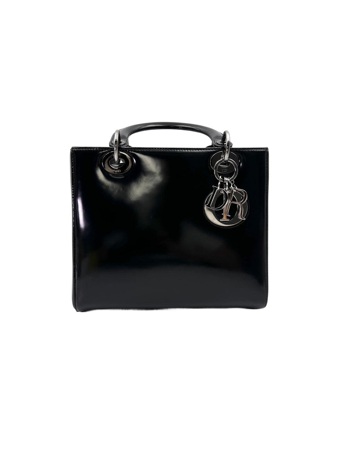 Christian Dior Lady Dior Black Patent Leather Handle Bag With Silver Buckle DR765