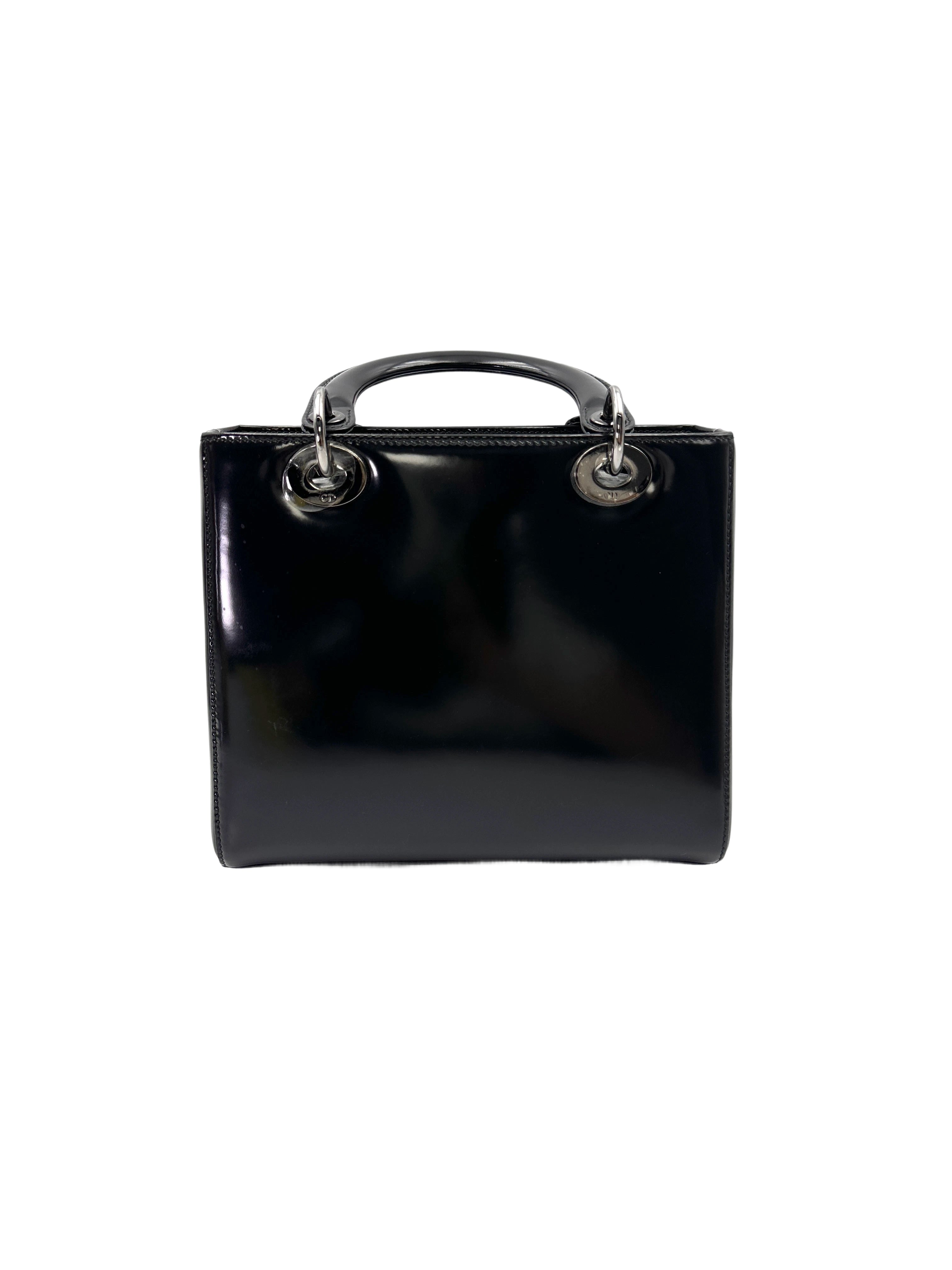 Christian Dior Lady Dior Black Patent Leather Handle Bag With Silver Buckle DR765