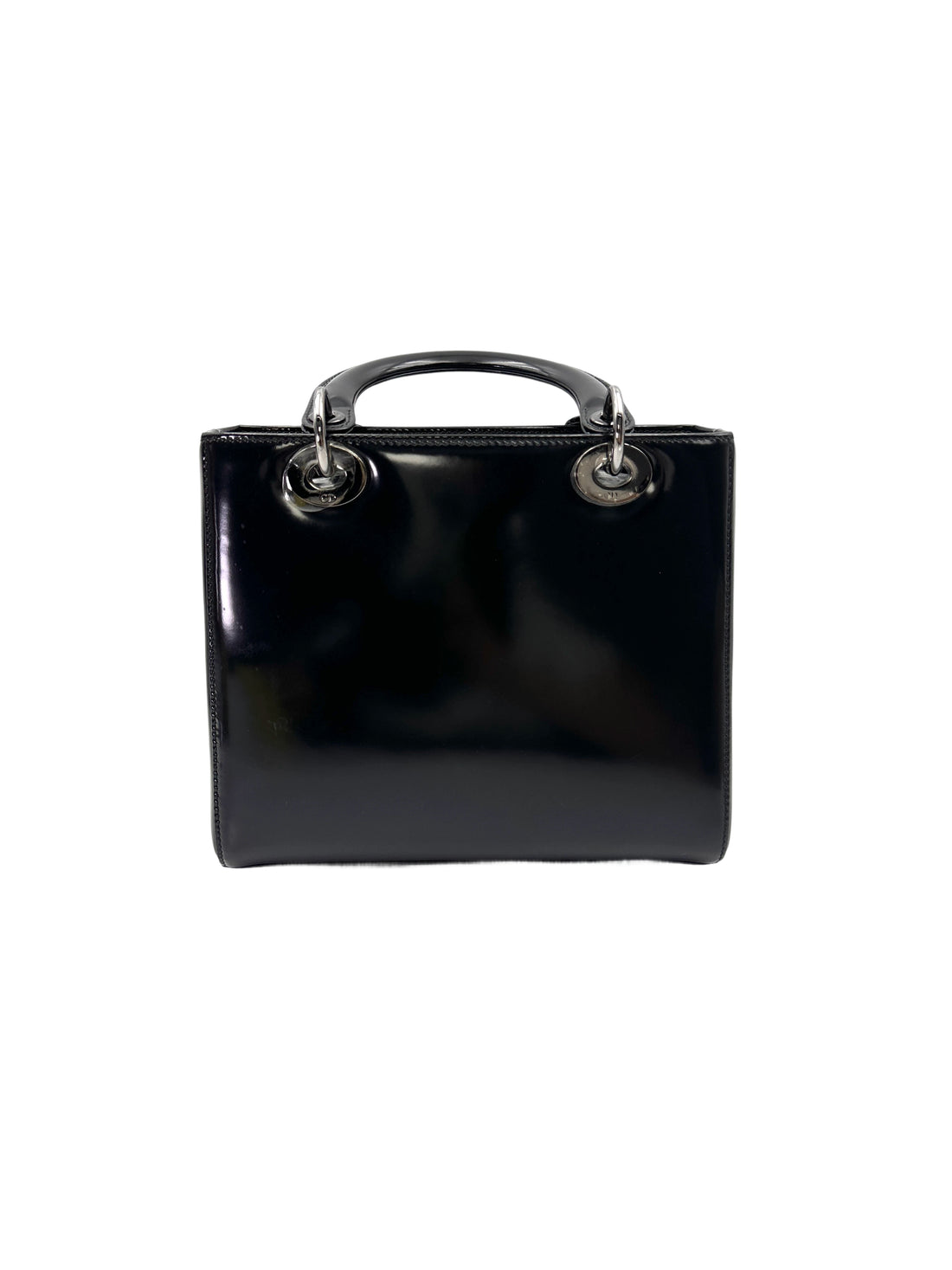 Christian Dior Lady Dior Black Patent Leather Handle Bag With Silver Buckle DR765