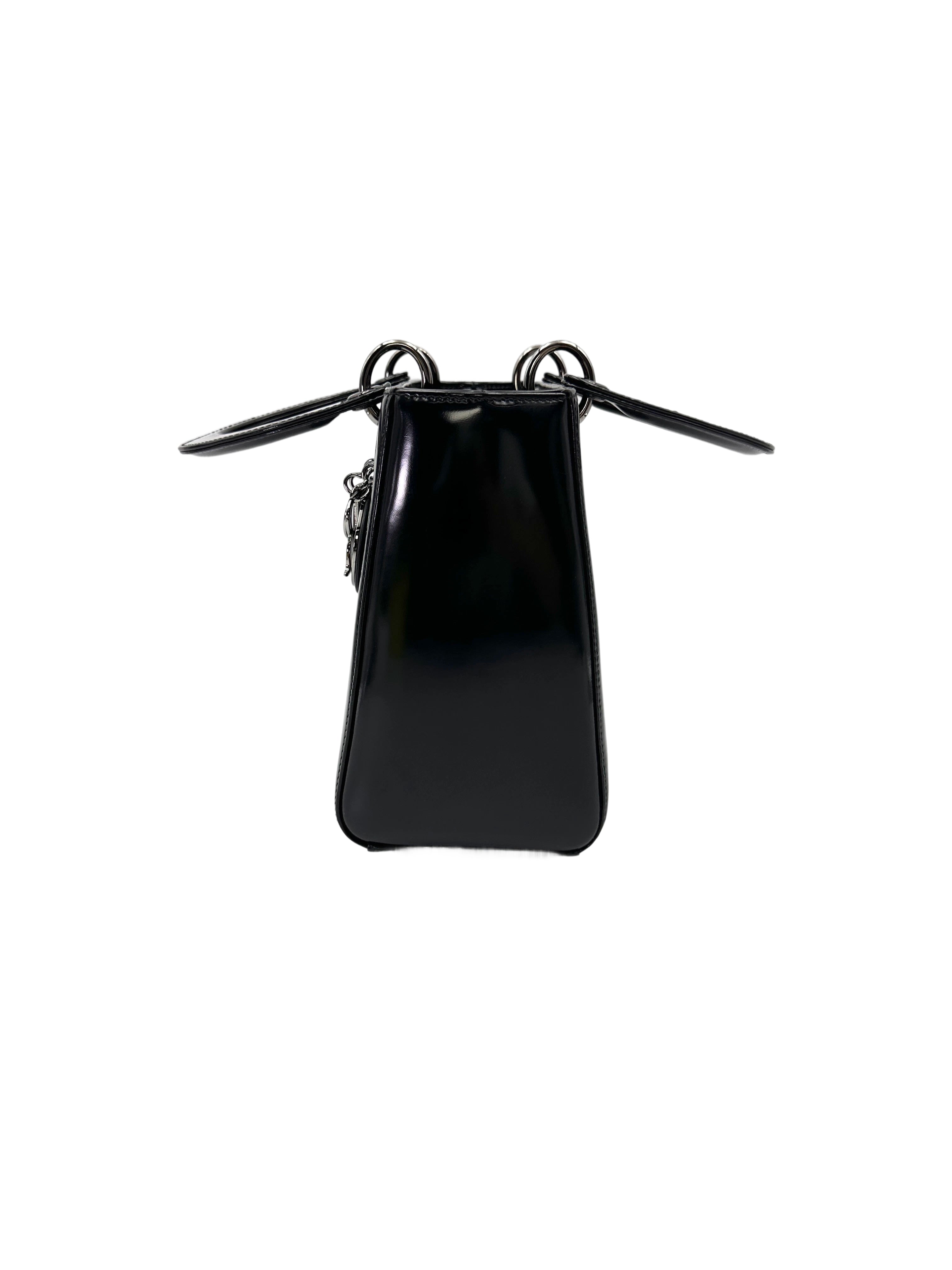 Christian Dior Lady Dior Black Patent Leather Handle Bag With Silver Buckle DR765