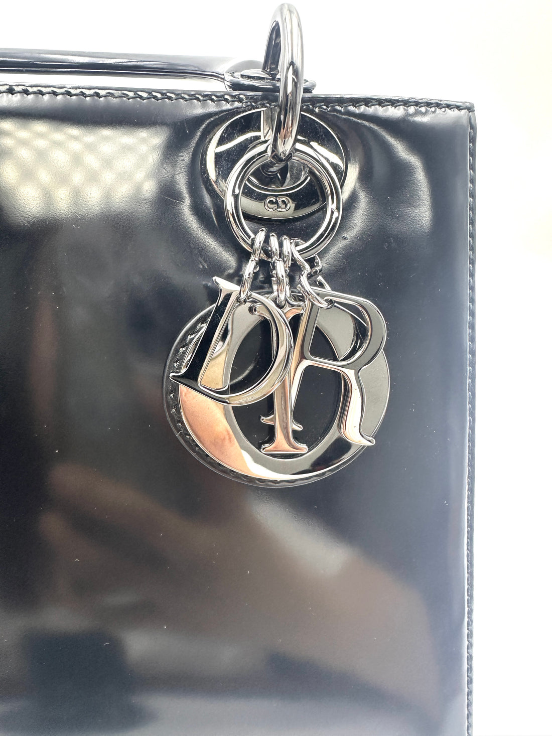 Christian Dior Lady Dior Black Patent Leather Handle Bag With Silver Buckle DR765