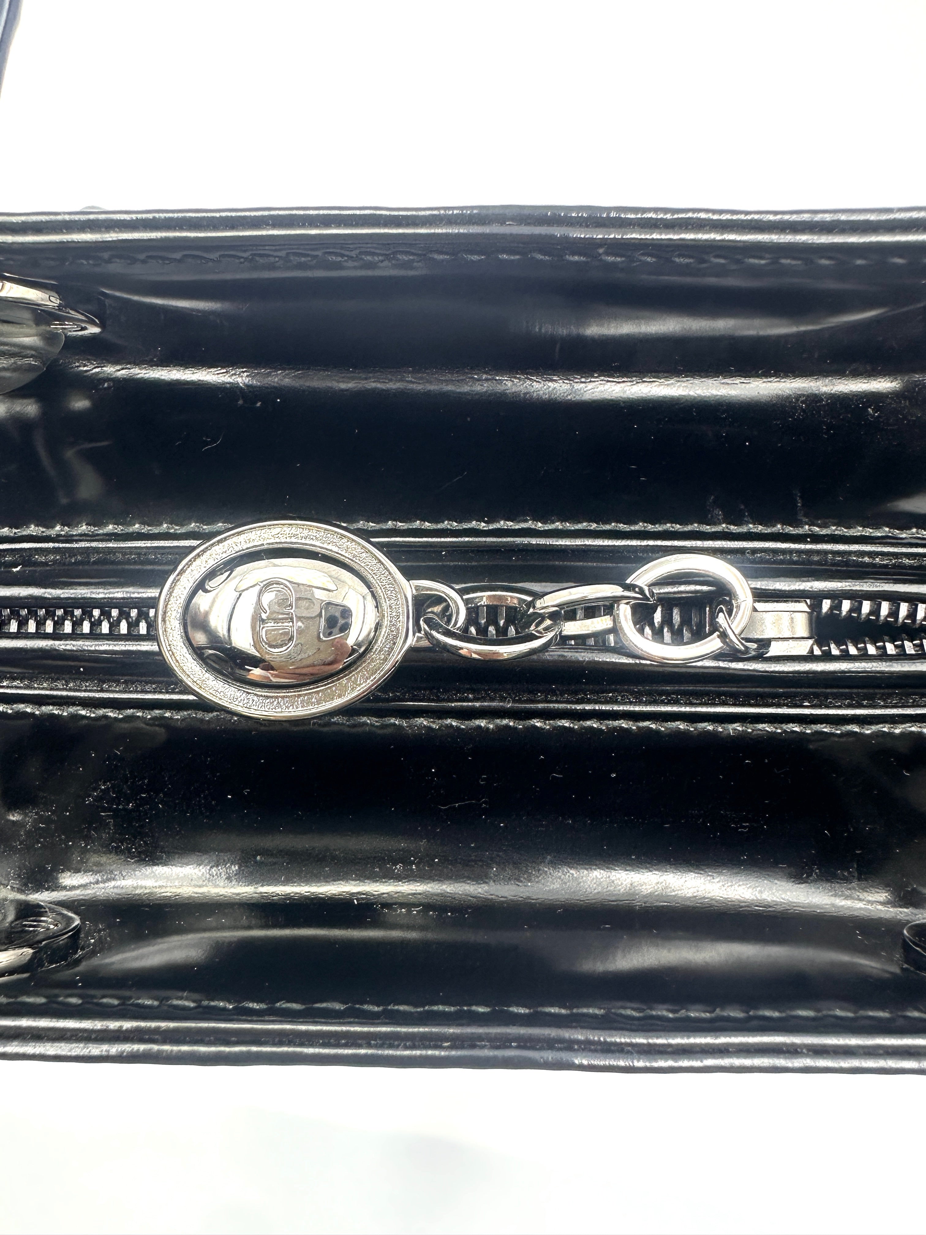 Christian Dior Lady Dior Black Patent Leather Handle Bag With Silver Buckle DR765