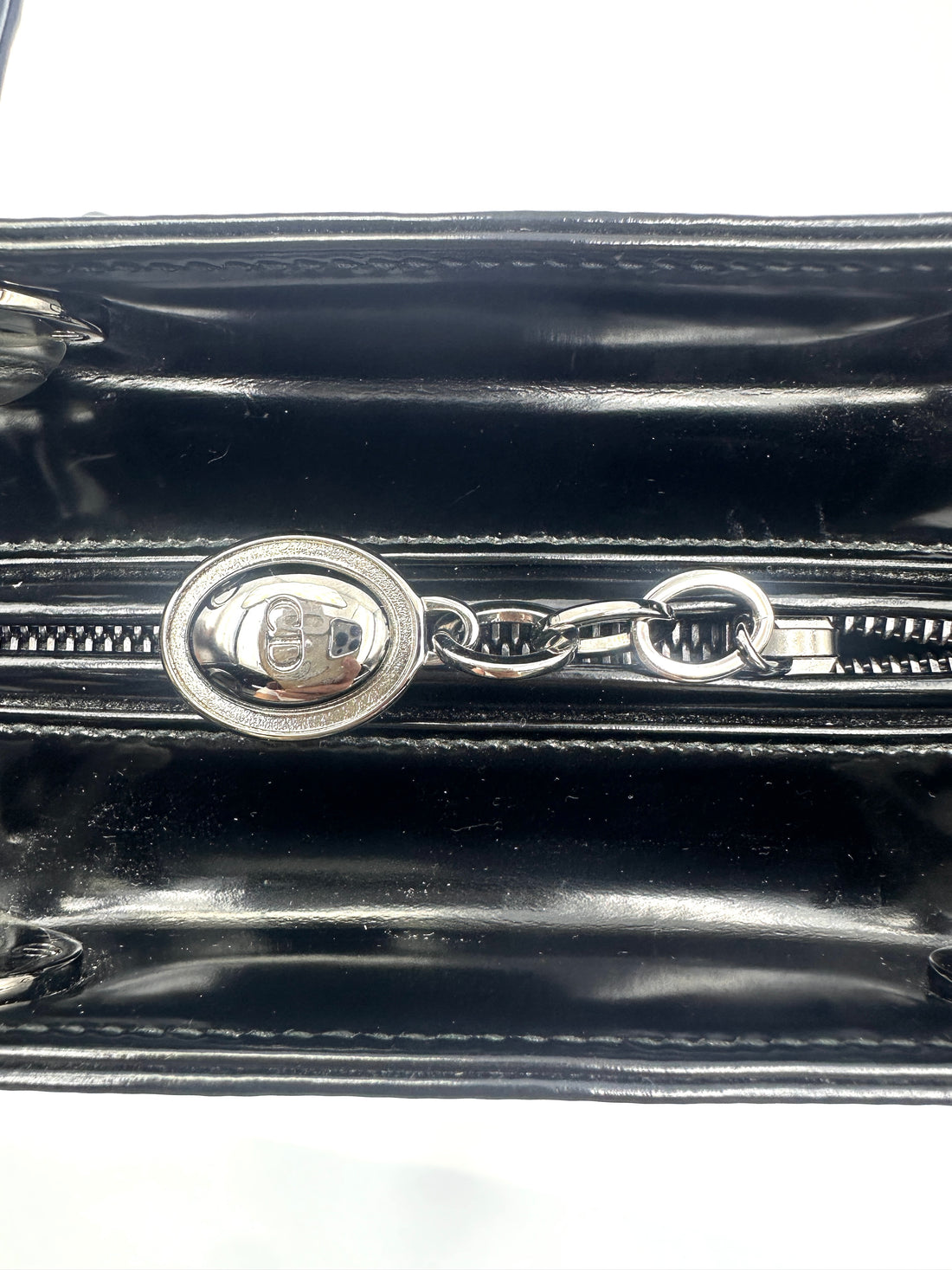 Christian Dior Lady Dior Black Patent Leather Handle Bag With Silver Buckle DR765