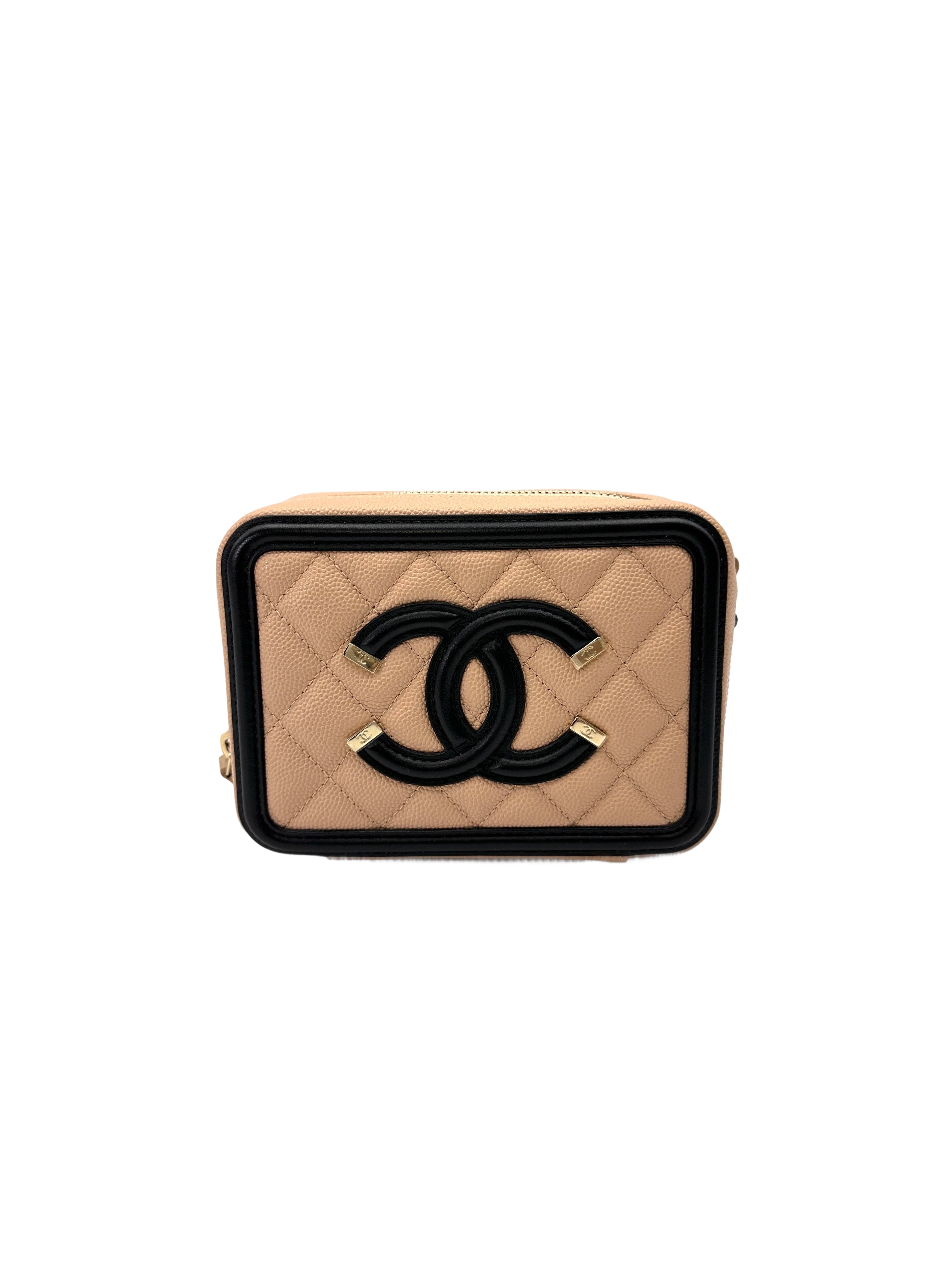 Chanel CC Filigree Beige/Black Quilted Leather Mini Vanity Case(29***96) CC2074