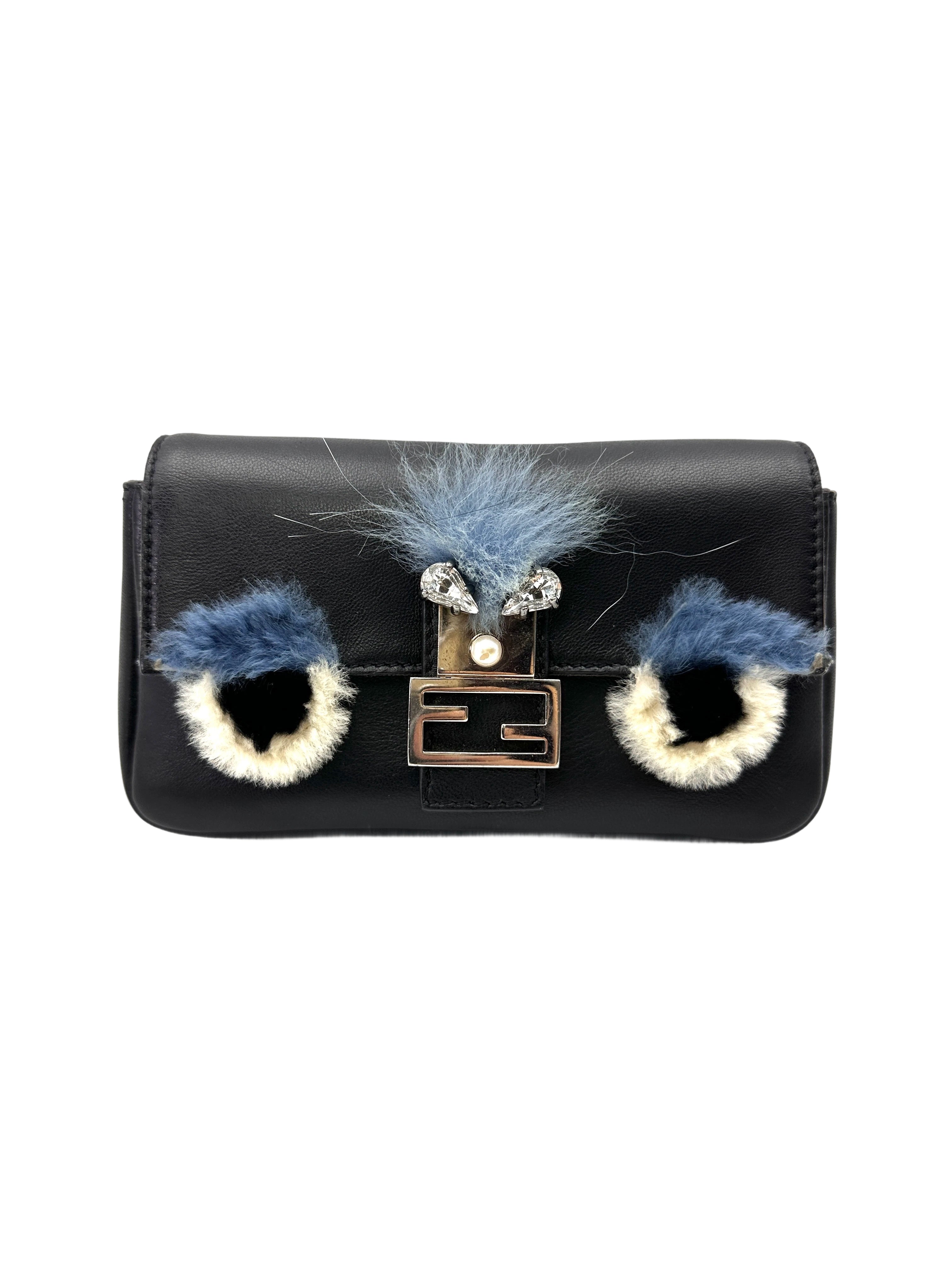 Fendi Monster Eyes Micro Double Baguette Black Leather Shoulder Bag FF116